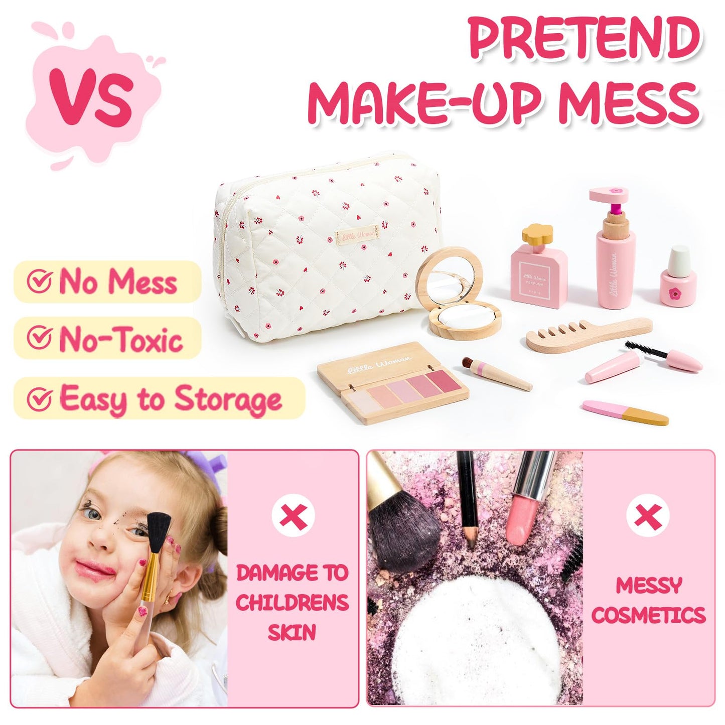 Lonico Wooden Makeup Toy Set for Girls – Pretend Play Kit with Bag, Mirror, and Accessories | Ages 3–8