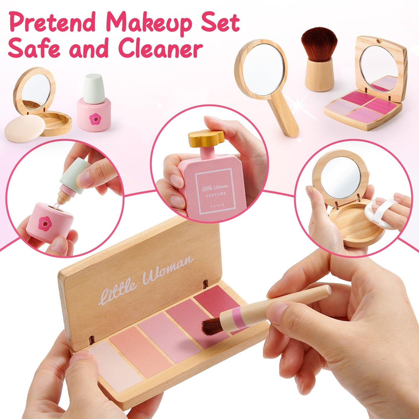 Lonico Wooden Makeup Toy Set for Girls – Pretend Play Kit with Bag, Mirror, and Accessories | Ages 3–8