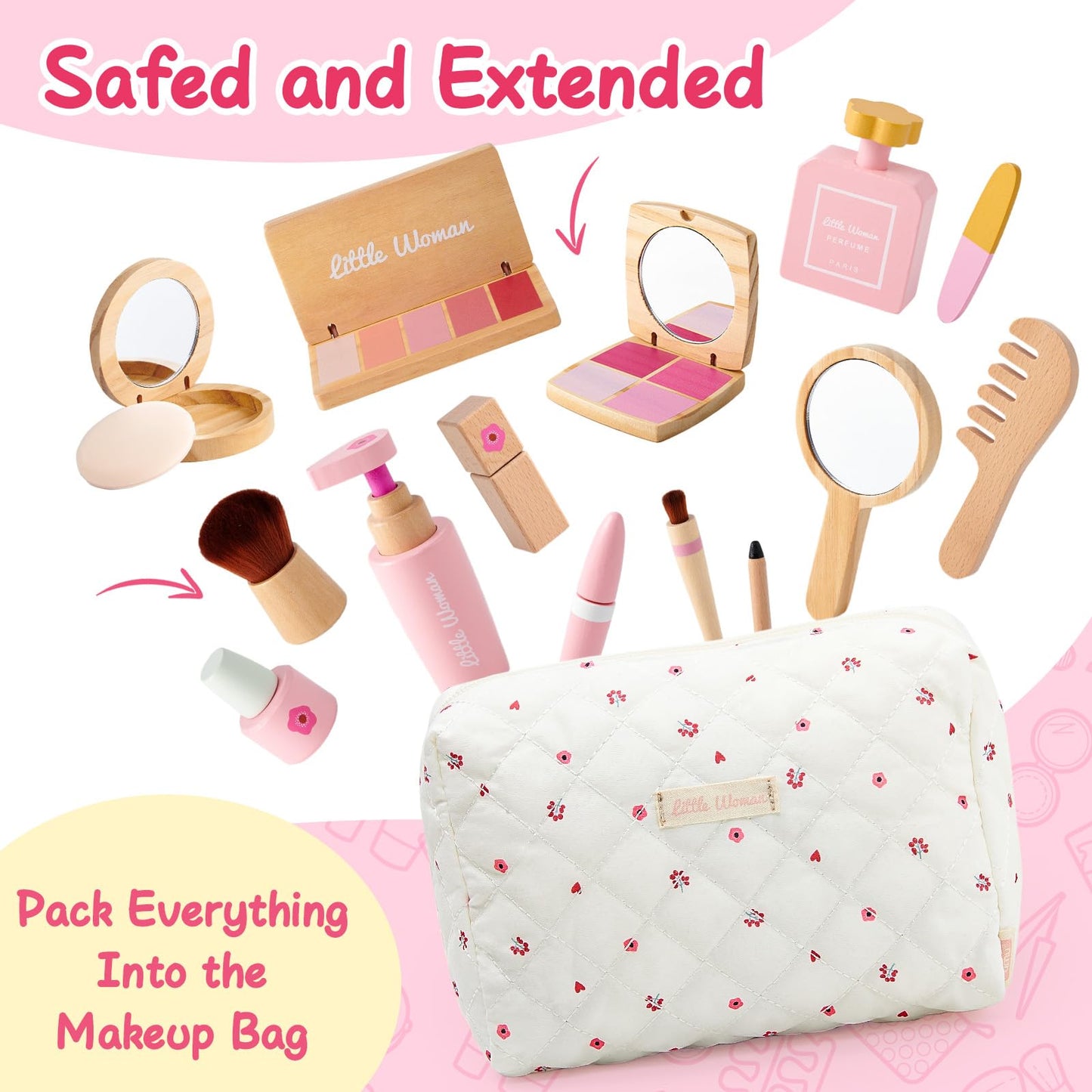 Lonico Wooden Makeup Toy Set for Girls – Pretend Play Kit with Bag, Mirror, and Accessories | Ages 3–8