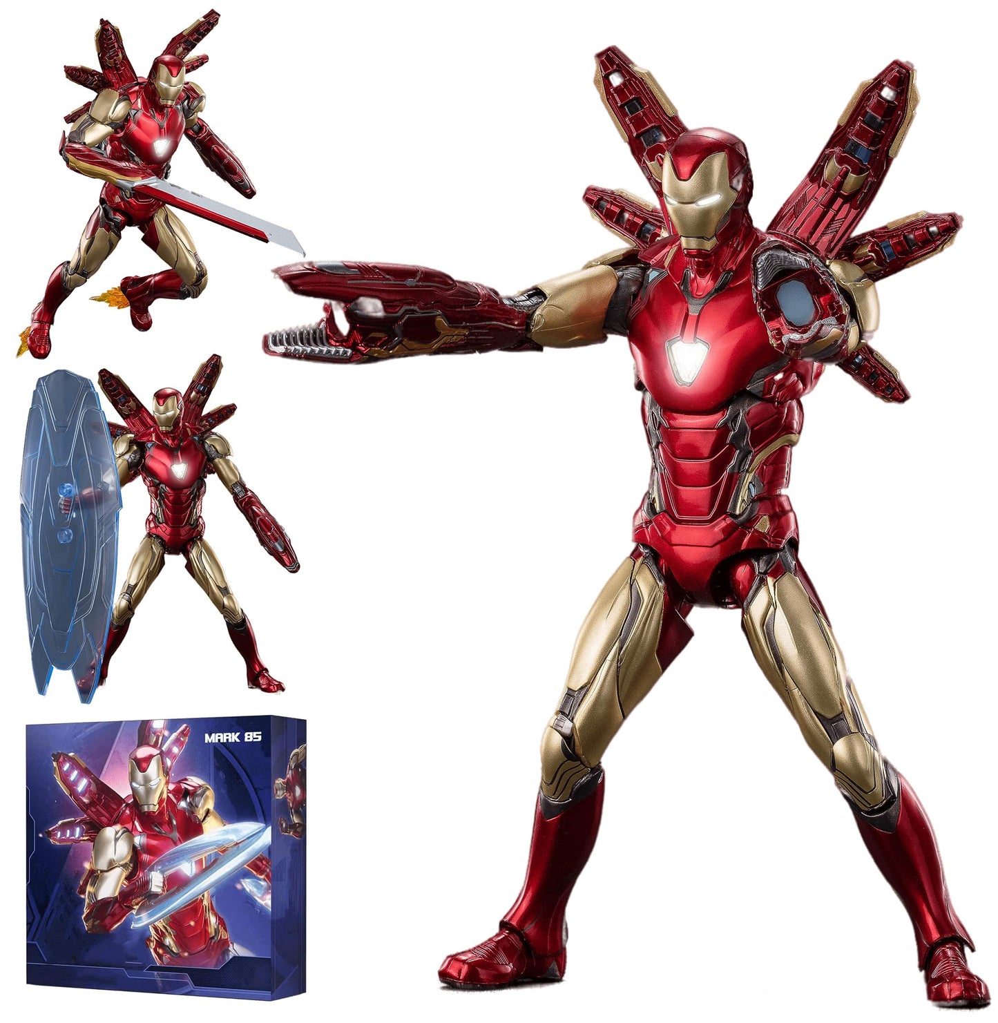 LonullyMege MK85 Ironman Deluxe 7-Inch Action Figure | Light Chest & Eyes, 20 Joints, Multi-Weapon Accessories