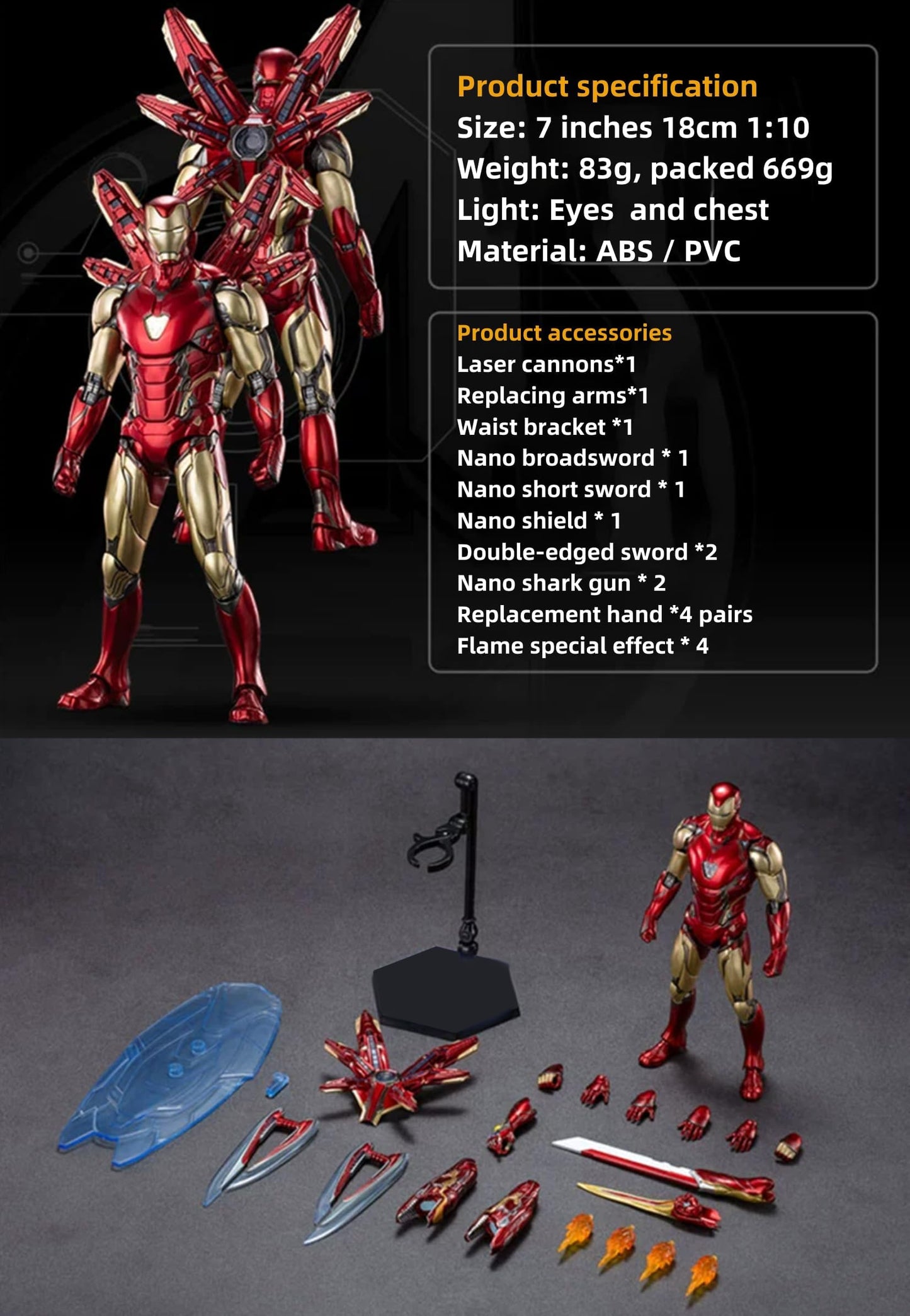 LonullyMege MK85 Ironman Deluxe 7-Inch Action Figure | Light Chest & Eyes, 20 Joints, Multi-Weapon Accessories