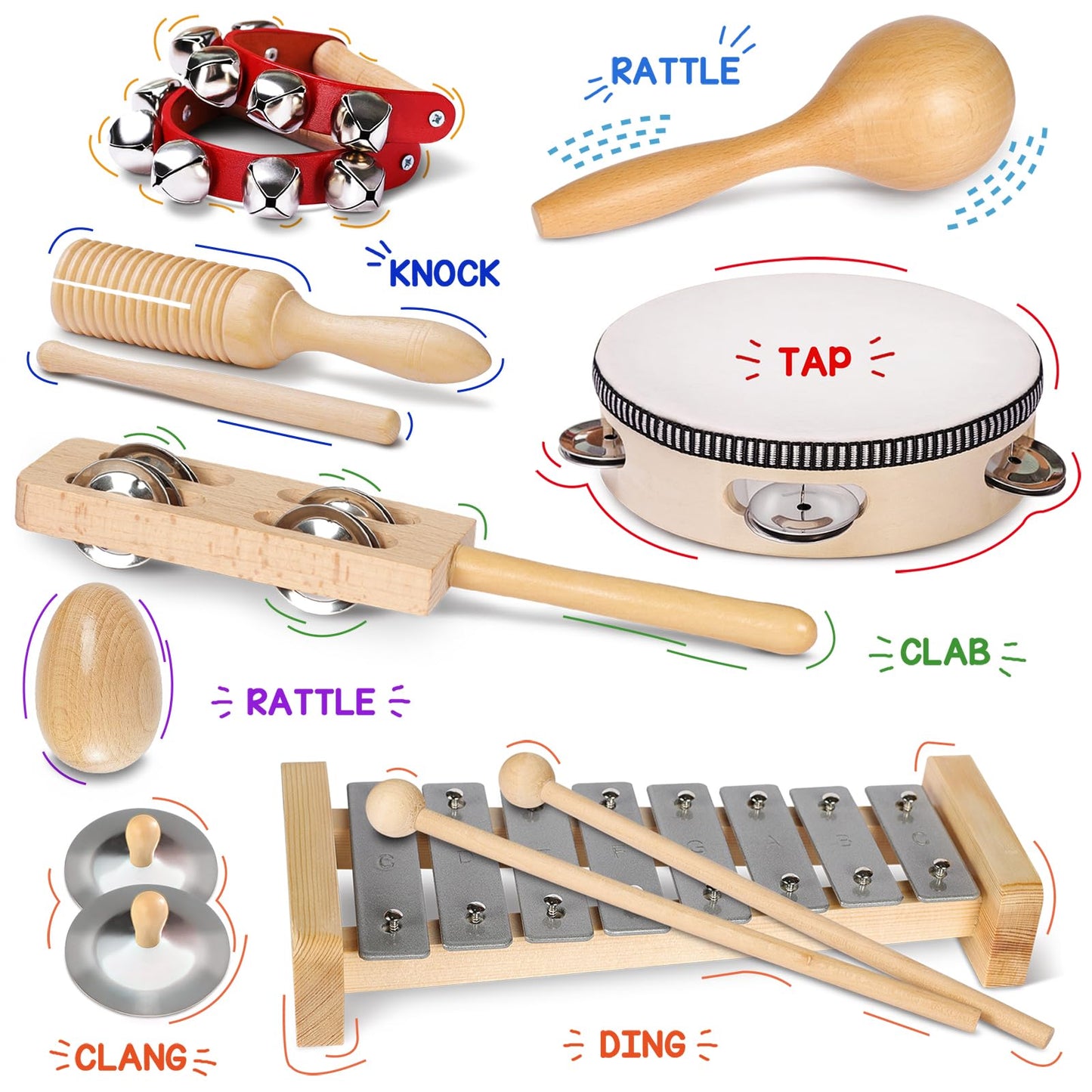 LOOIKOOS Toddler Musical Instruments Set – Natural Wooden Montessori Toys with Storage Bag