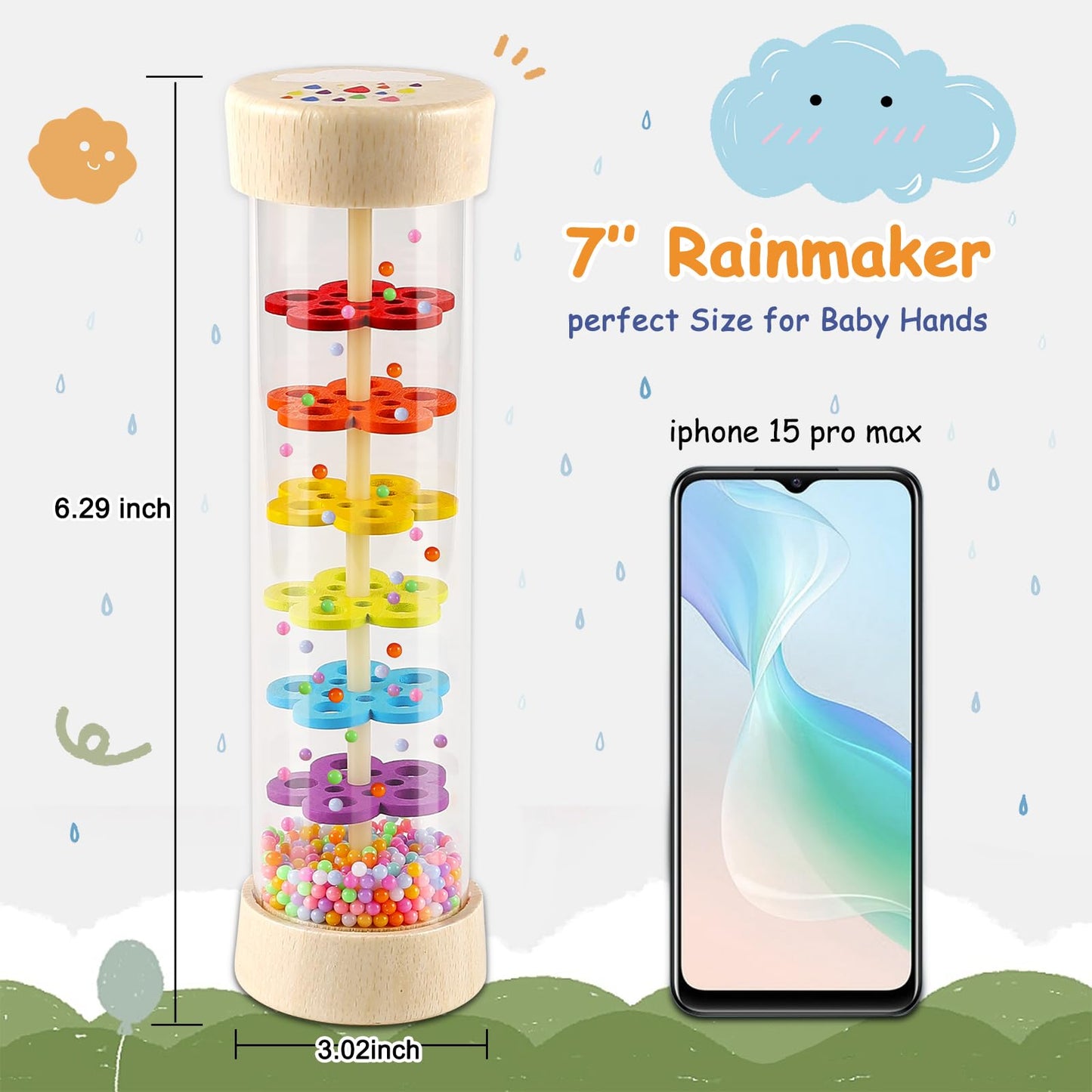 LOOIKOOS Rainmaker - 7-Inch Wooden Rain Stick Baby Toy for 6-12 Months | Montessori Shaker & Rattle