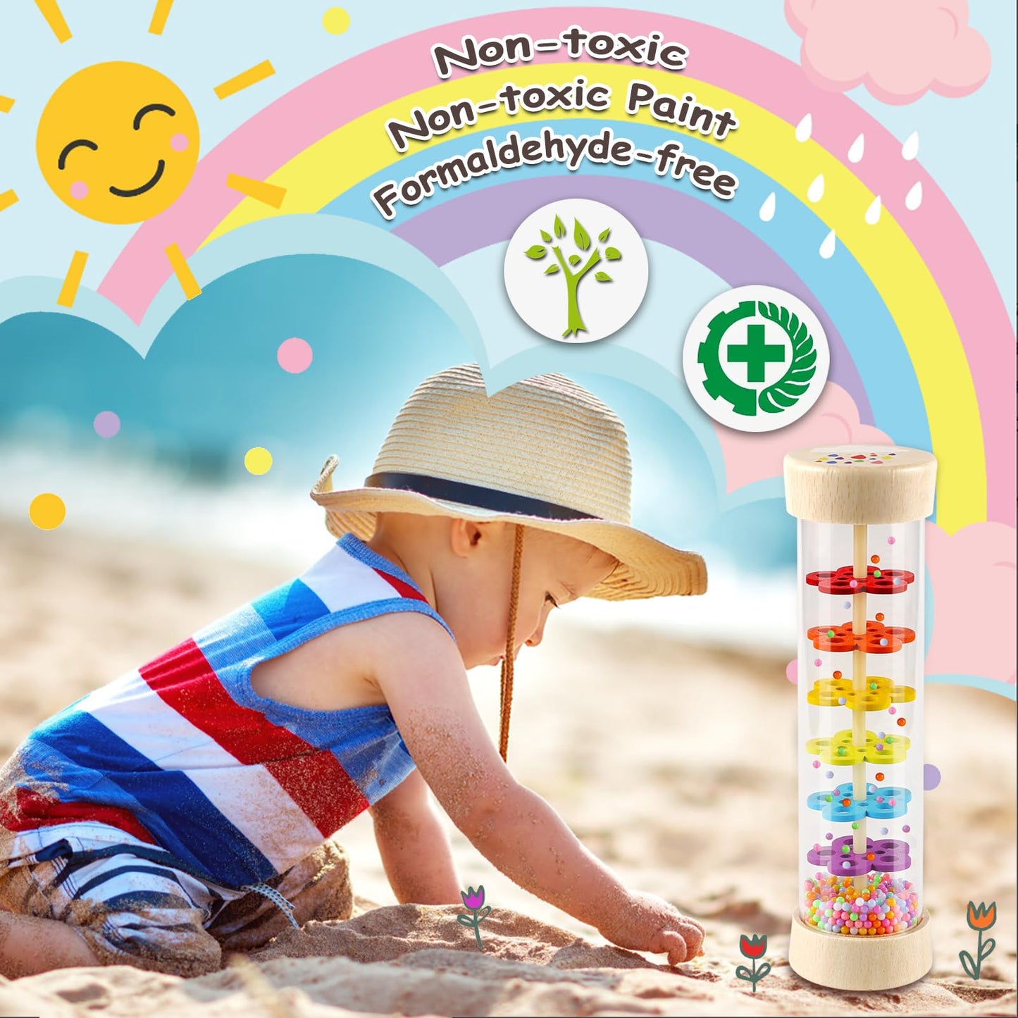 LOOIKOOS Rainmaker - 7-Inch Wooden Rain Stick Baby Toy for 6-12 Months | Montessori Shaker & Rattle