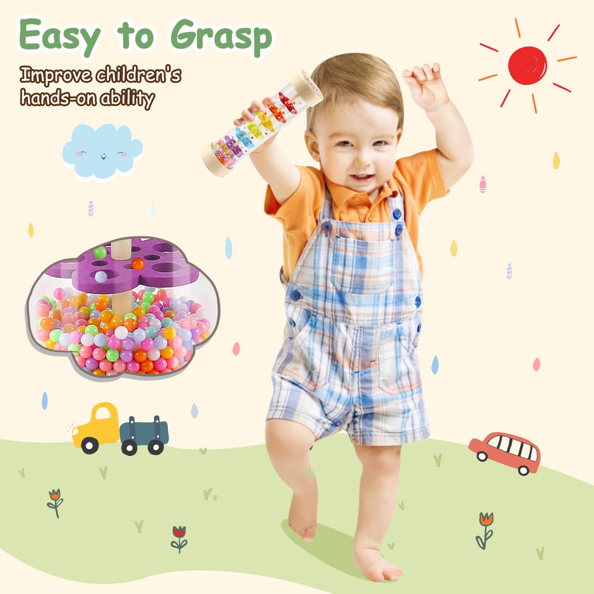 LOOIKOOS Rainmaker - 7-Inch Wooden Rain Stick Baby Toy for 6-12 Months | Montessori Shaker & Rattle