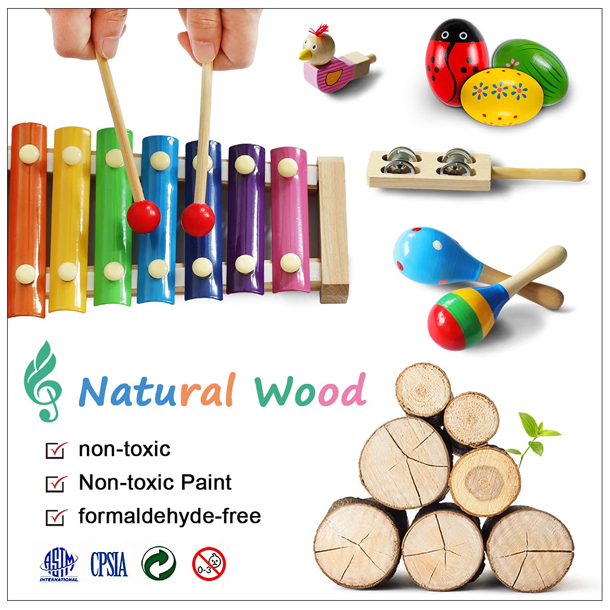 LOOIKOOS 22-Piece Toddler Musical Instruments Set – Wooden Percussion Toys with Storage Bag