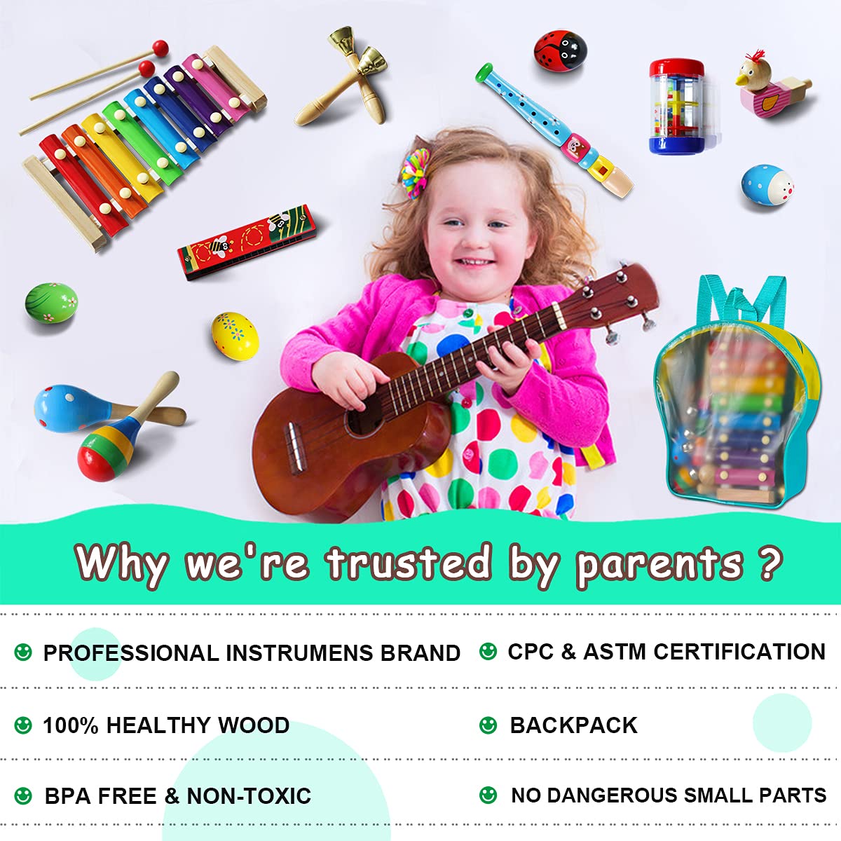 LOOIKOOS 22-Piece Toddler Musical Instruments Set – Wooden Percussion Toys with Storage Bag