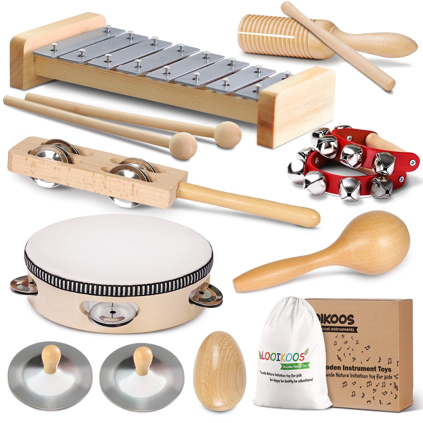 LOOIKOOS Toddler Musical Instruments Set – Natural Wooden Montessori Toys with Storage Bag