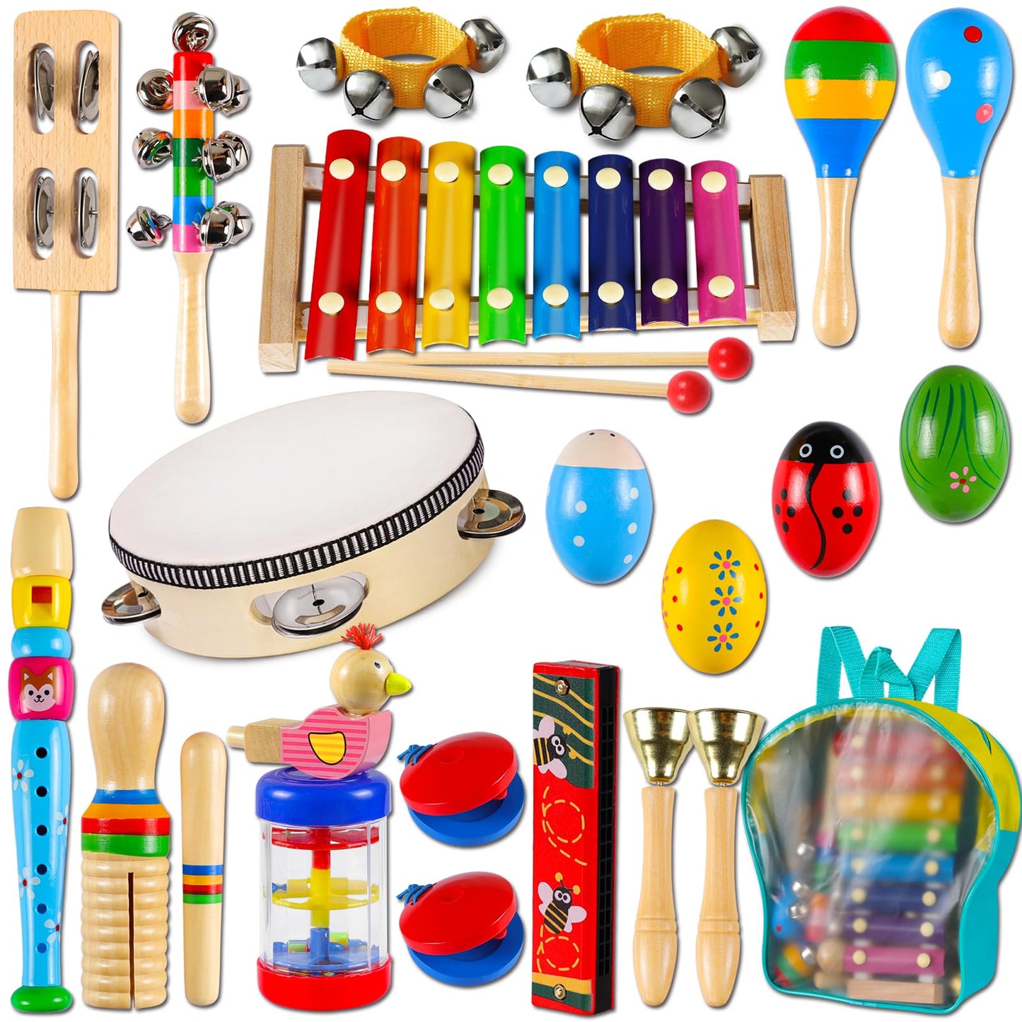 LOOIKOOS 22-Piece Toddler Musical Instruments Set – Wooden Percussion Toys with Storage Bag
