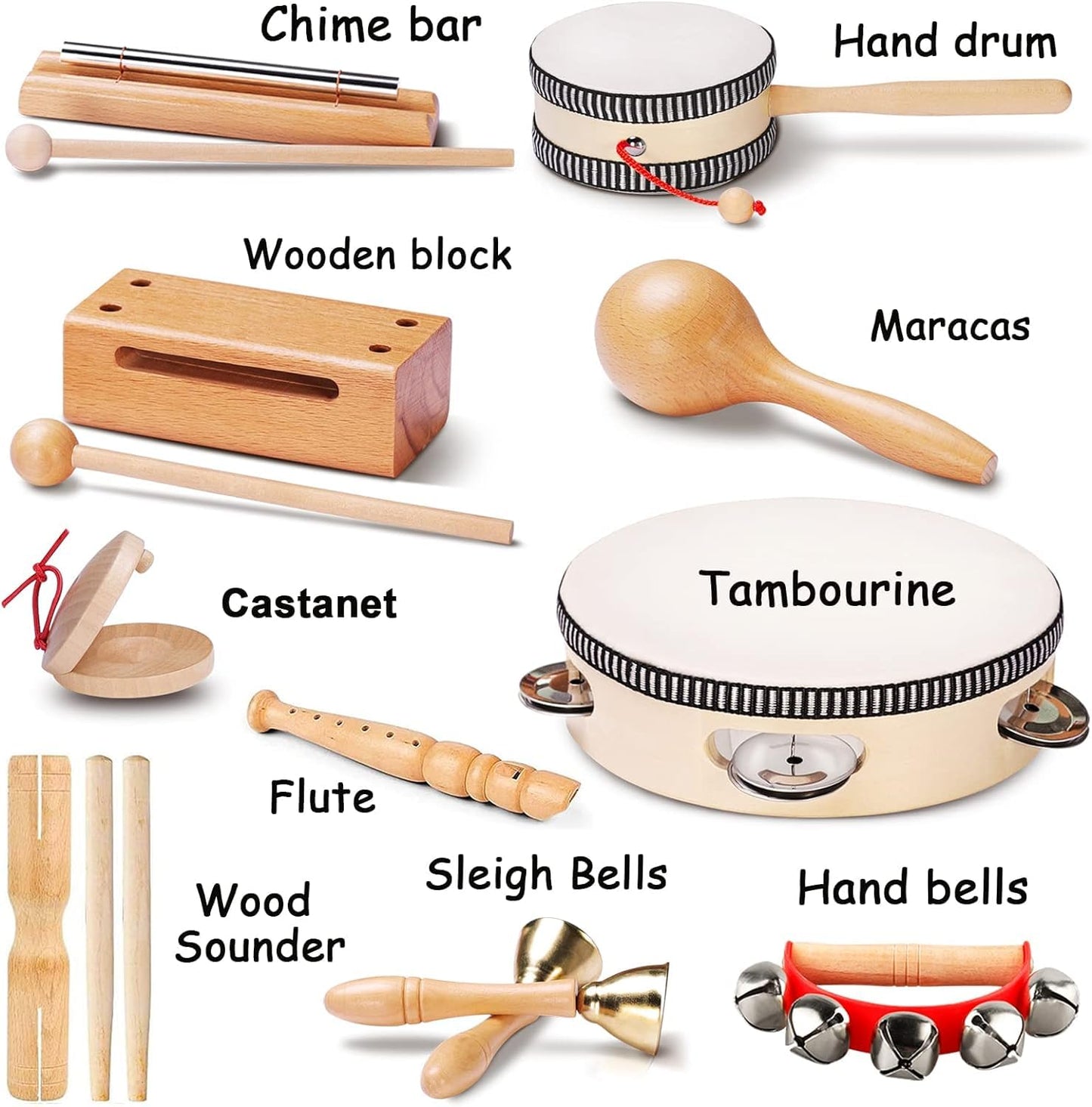 LOOIKOOS Toddler Musical Instruments — Eco Friendly Natural Wood Set with Storage Bag