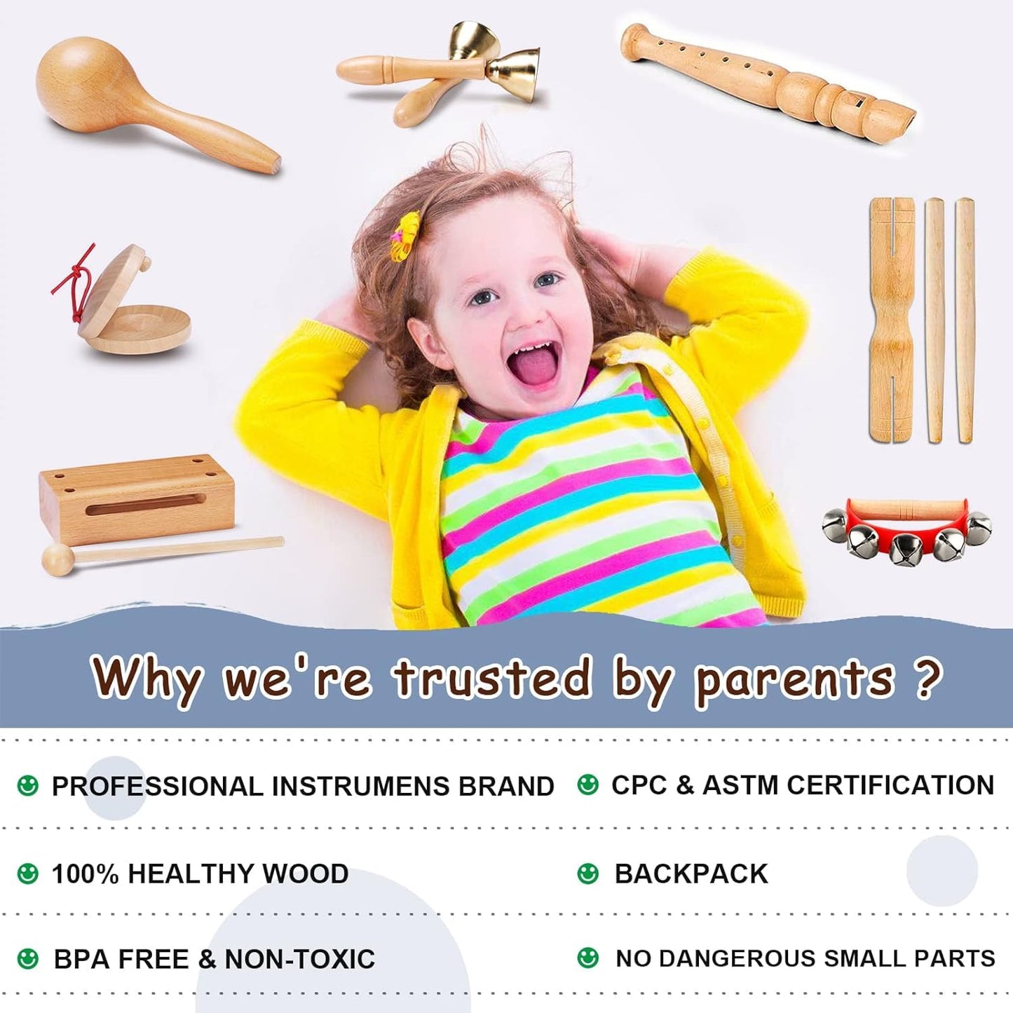LOOIKOOS Toddler Musical Instruments — Eco Friendly Natural Wood Set with Storage Bag