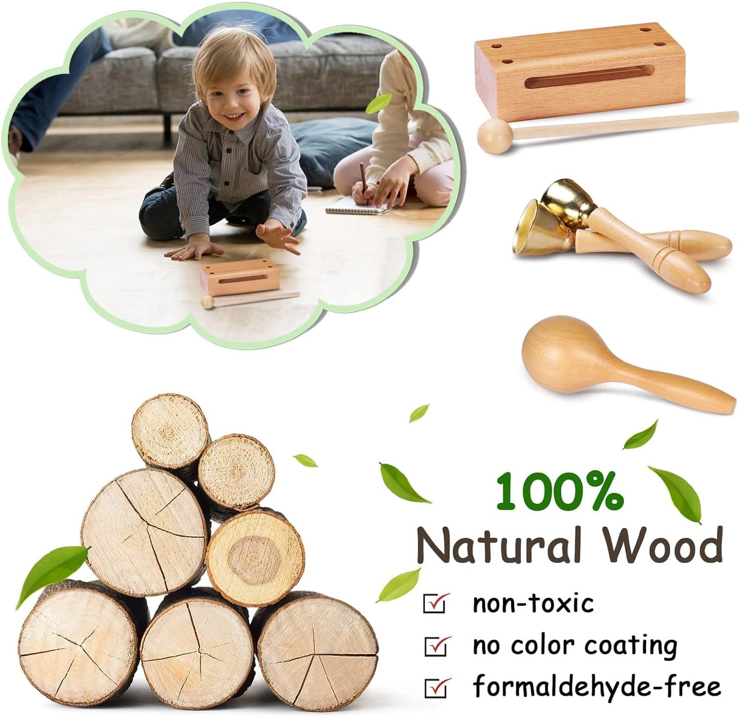 LOOIKOOS Toddler Musical Instruments — Eco Friendly Natural Wood Set with Storage Bag