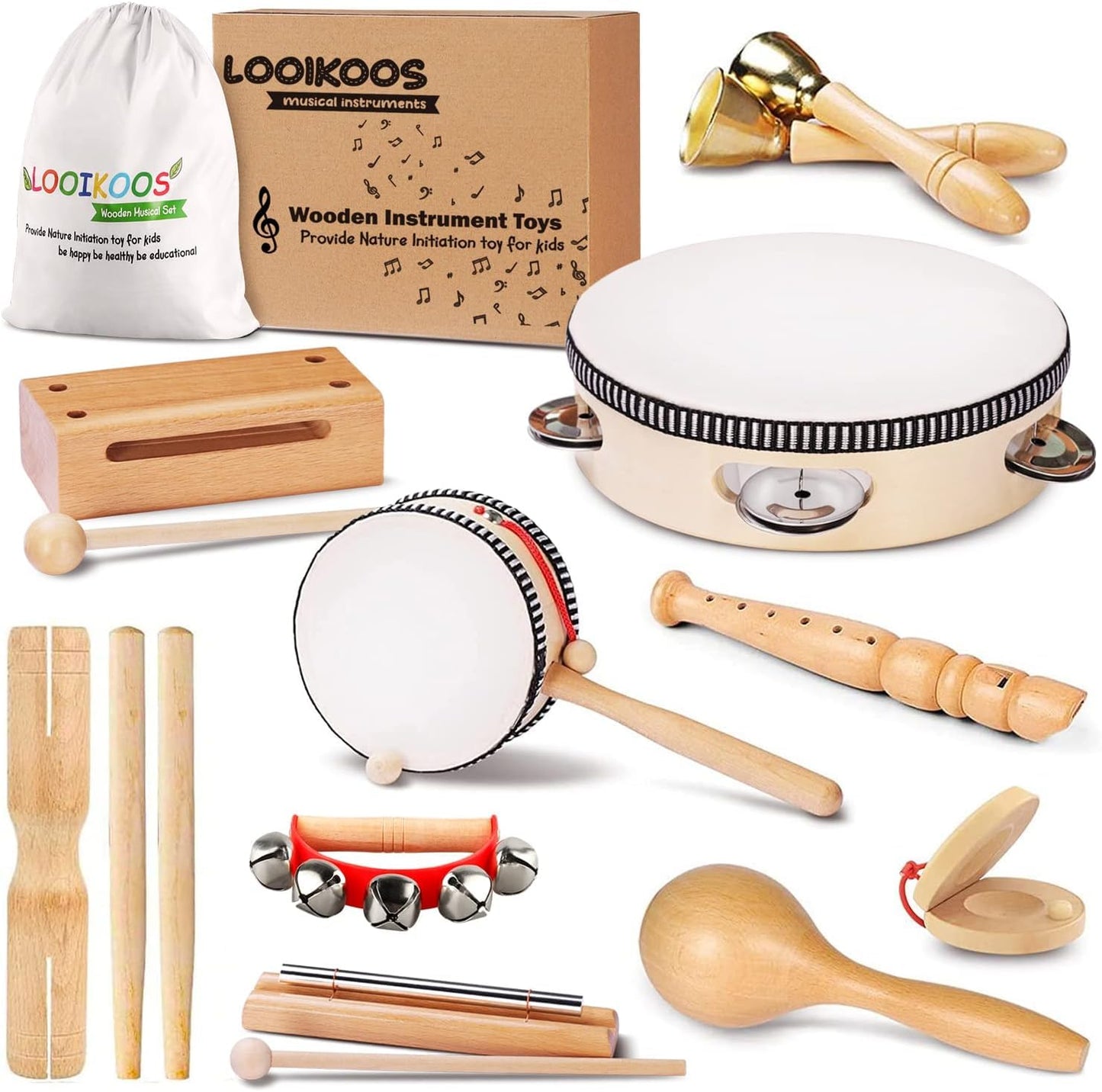 LOOIKOOS Toddler Musical Instruments — Eco Friendly Natural Wood Set with Storage Bag