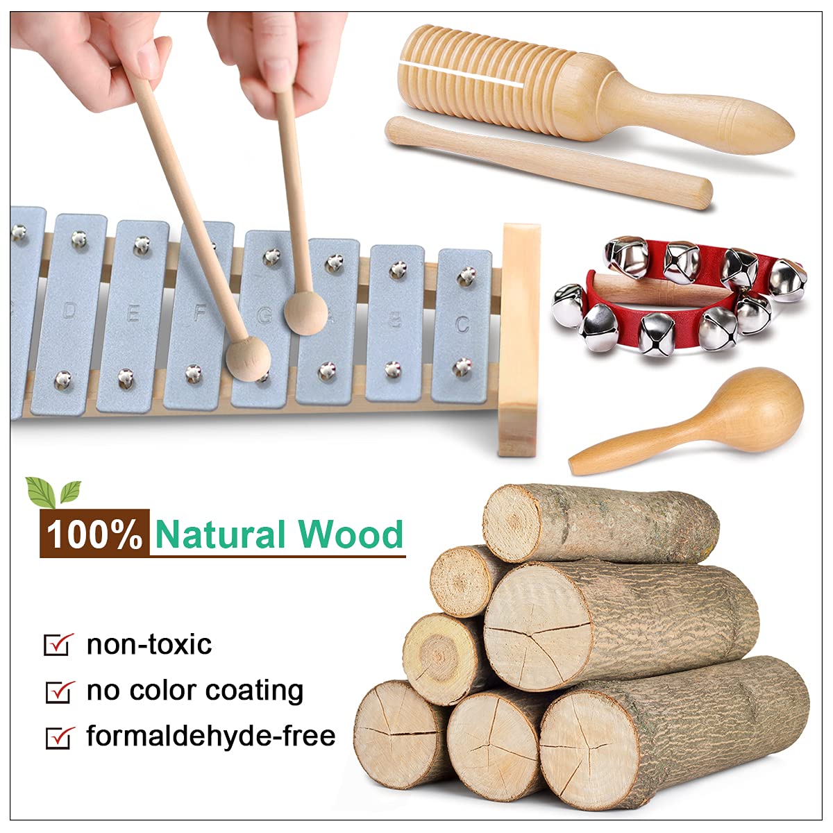 LOOIKOOS Toddler Musical Instruments Set – Natural Wooden Montessori Toys with Storage Bag