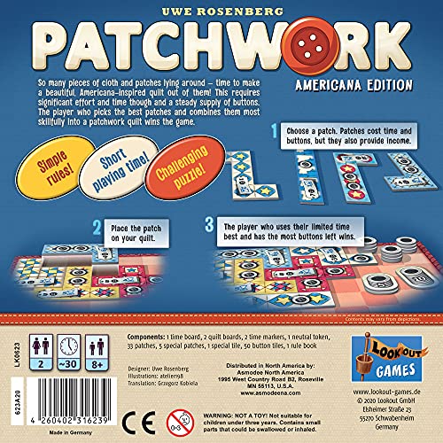 Lookout Patchwork Americana Edition Board Game – Two-Player Quilting Strategy (Ages 8+)