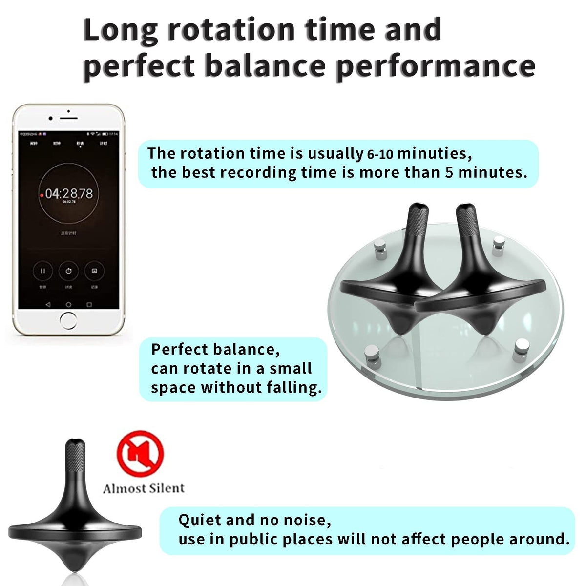 LOQATIDIS Stainless Steel Spinning Top – Premium Large Black Desk EDC, Long Spin, Balanced, Stress Relief