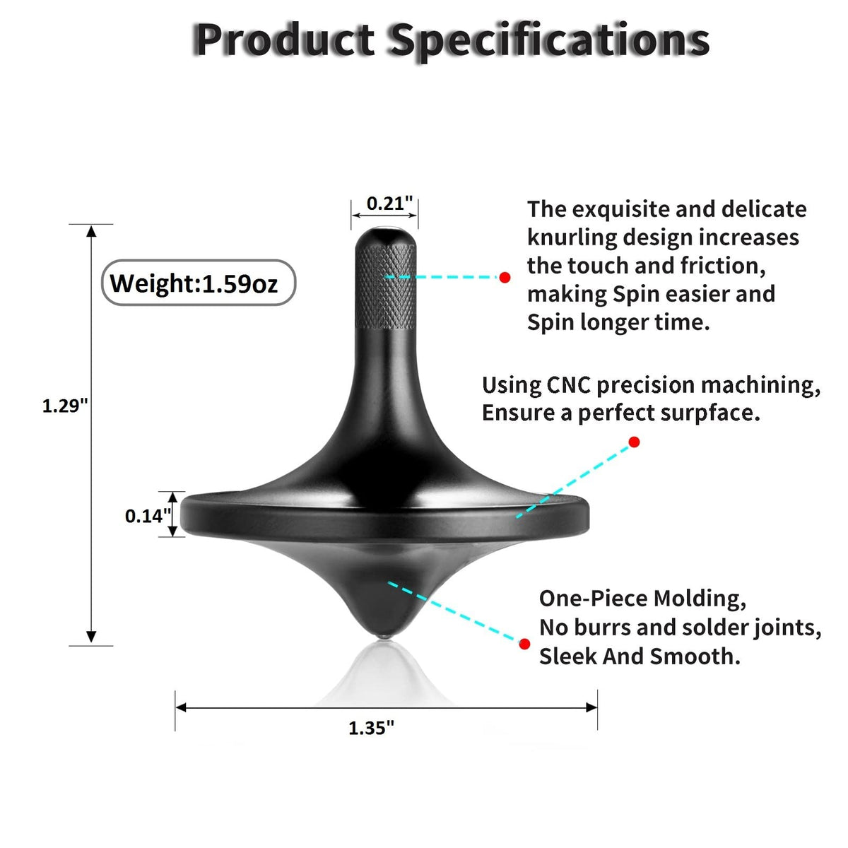 LOQATIDIS Stainless Steel Spinning Top – Premium Large Black Desk EDC, Long Spin, Balanced, Stress Relief