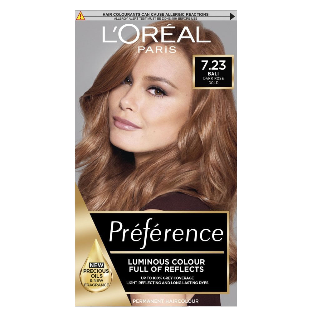 L'Oréal Préférence 7.23 Dark Rose Gold Luminous, Fade-Defying Permanent Hair Colour for At-Home Use