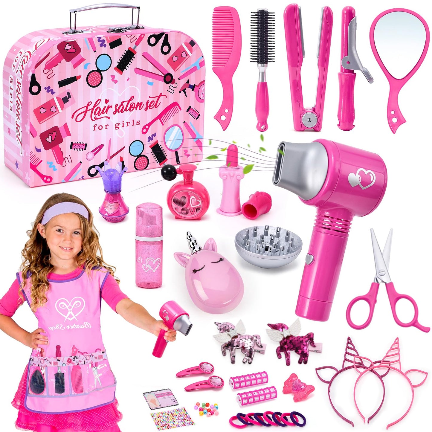 Lorfancy 49 Pcs Hair Salon Kit for Girls – Realistic Hair Dryer, Dress-Up Tools & Accessories