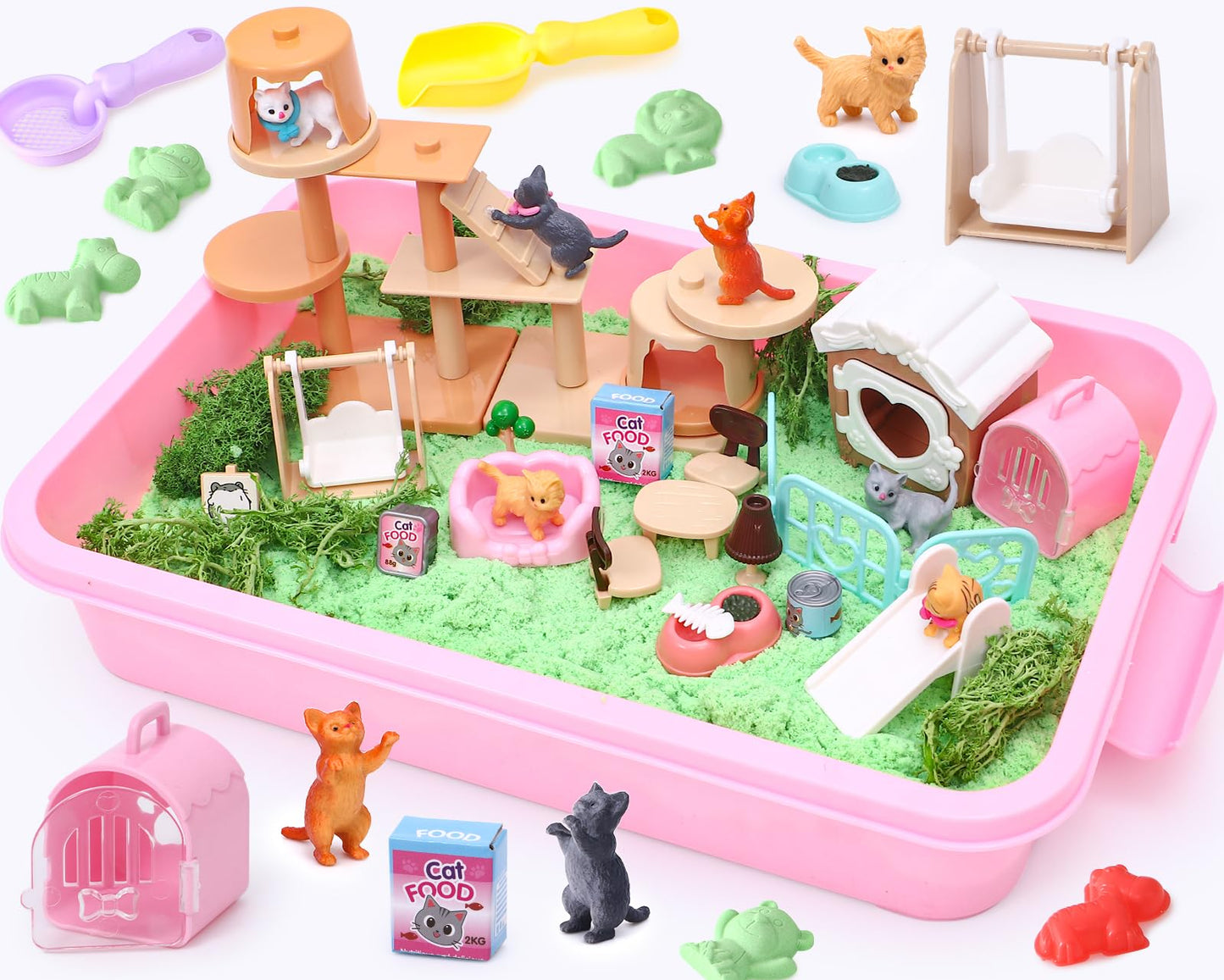Lorfancy Cat Sandbox Toys Kit – 47-Piece Toddler Sand Playset with Realistic Cat Figures