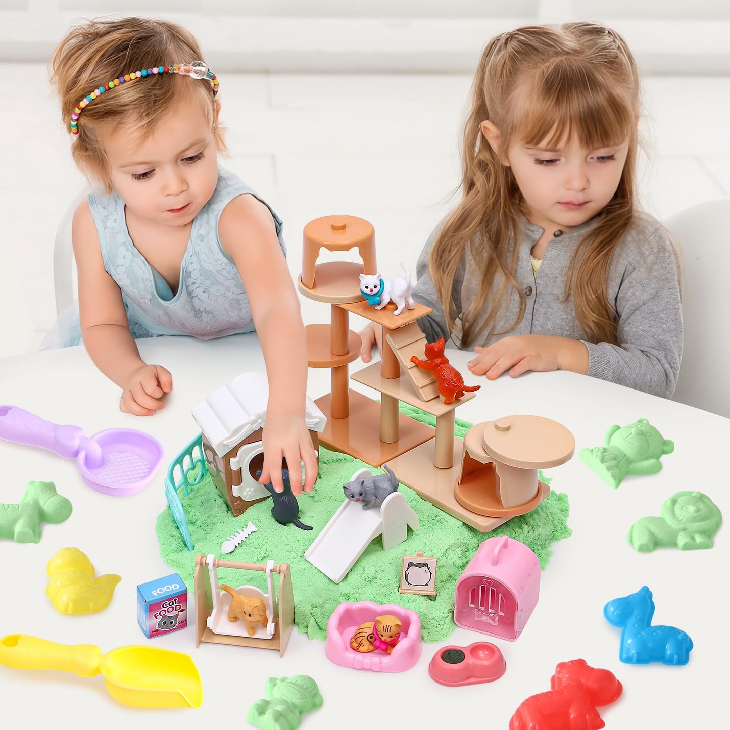 Lorfancy Cat Sandbox Toys Kit – 47-Piece Toddler Sand Playset with Realistic Cat Figures