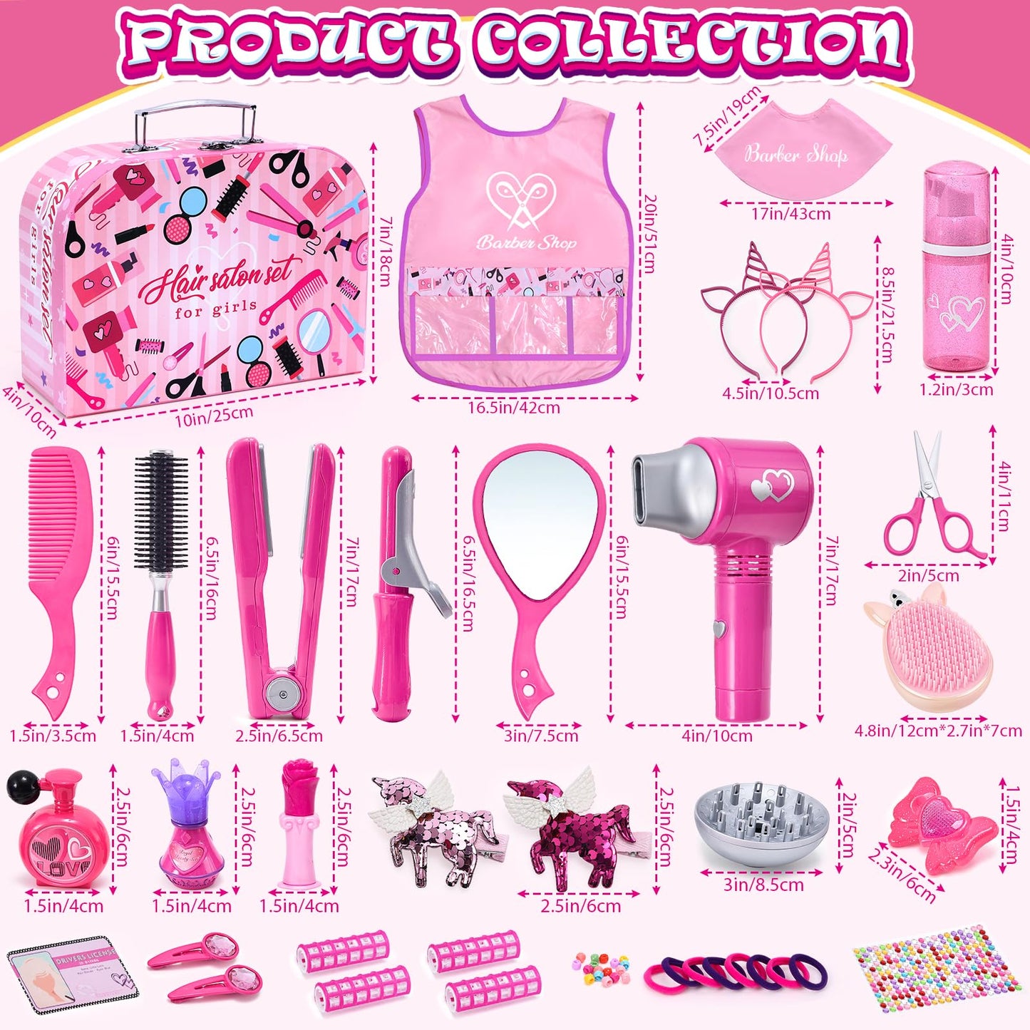 Lorfancy 49 Pcs Hair Salon Kit for Girls – Realistic Hair Dryer, Dress-Up Tools & Accessories