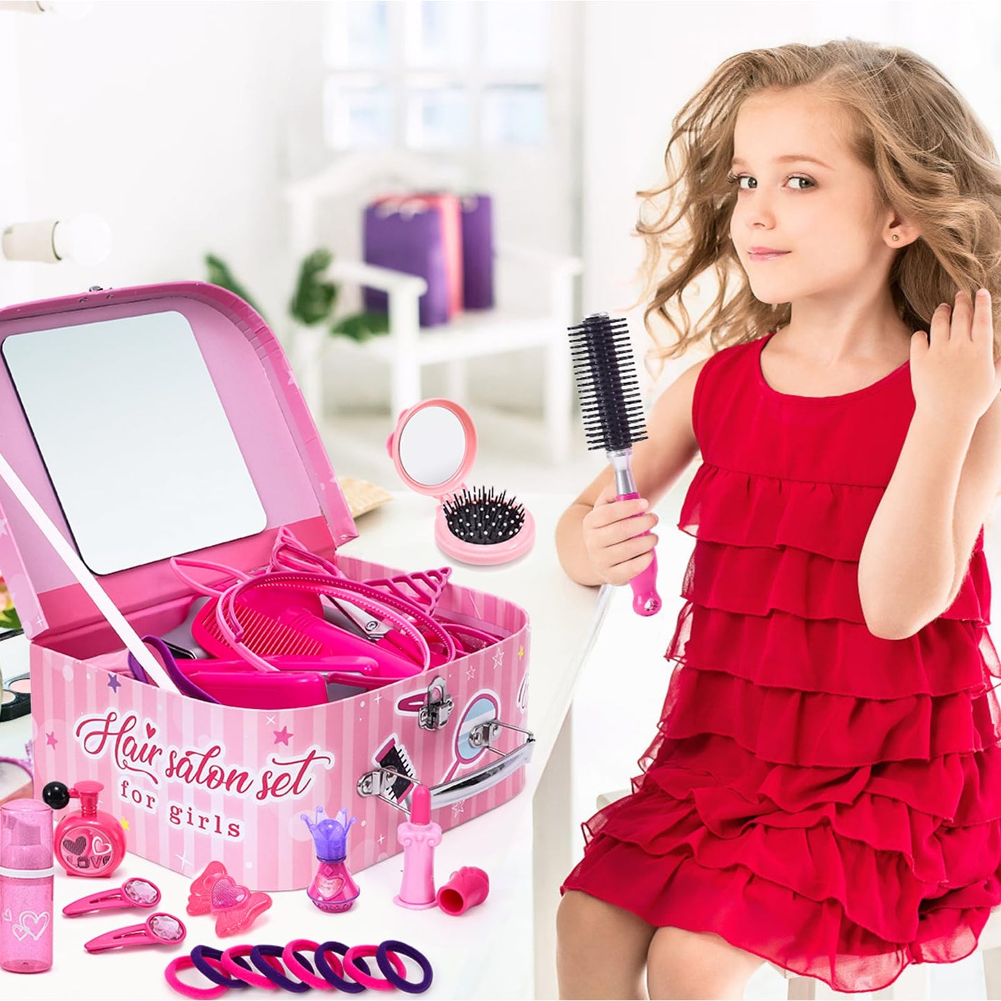 Lorfancy 49 Pcs Hair Salon Kit for Girls – Realistic Hair Dryer, Dress-Up Tools & Accessories