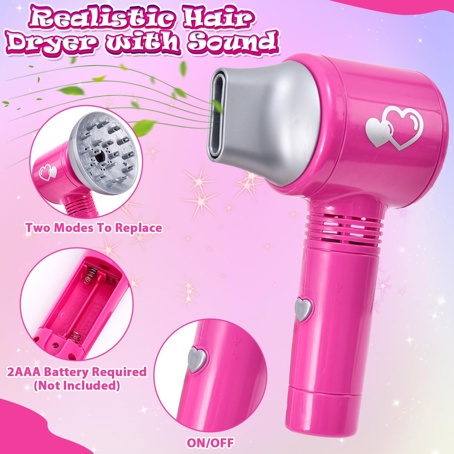Lorfancy 49 Pcs Hair Salon Kit for Girls – Realistic Hair Dryer, Dress-Up Tools & Accessories