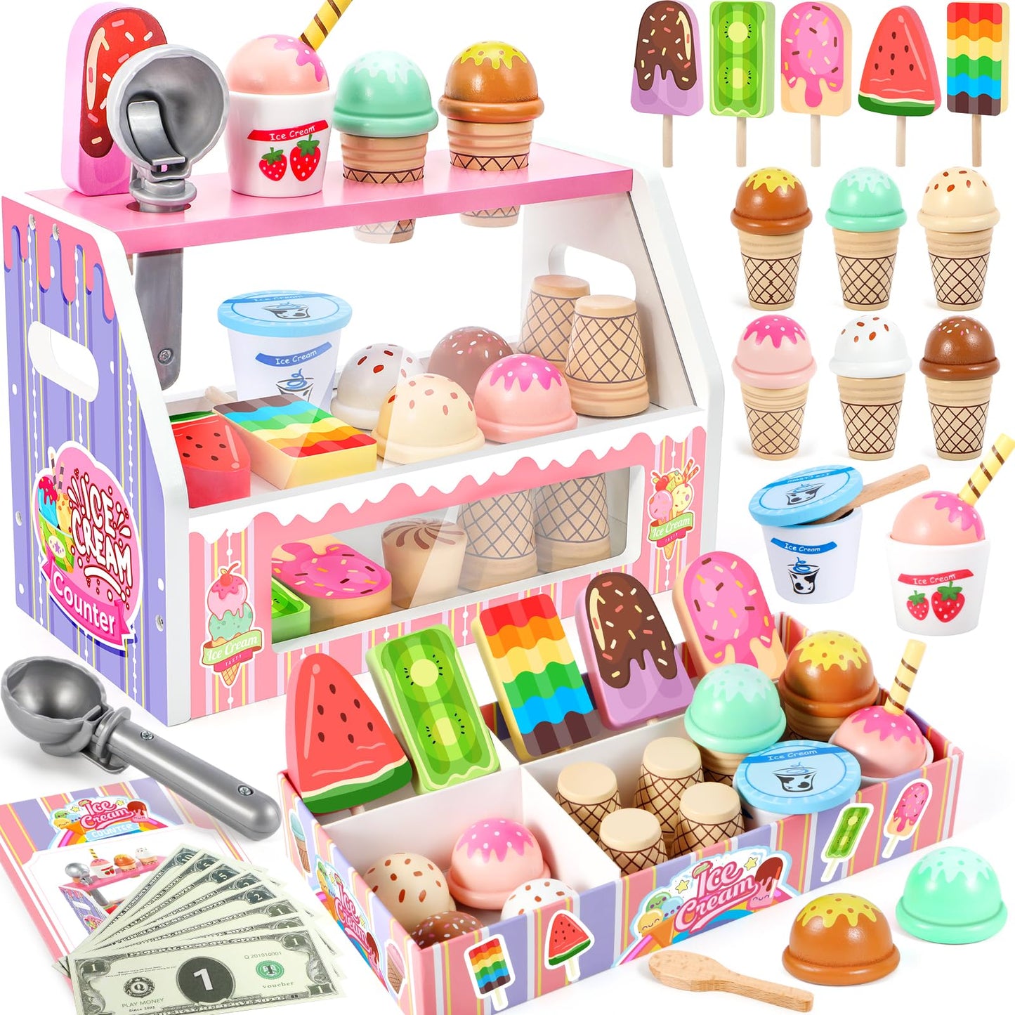 Loscola Ice Cream Toy – Wooden Pretend Play Set for Kids Aged 3-8 | Ice Cream Counter & Accessories