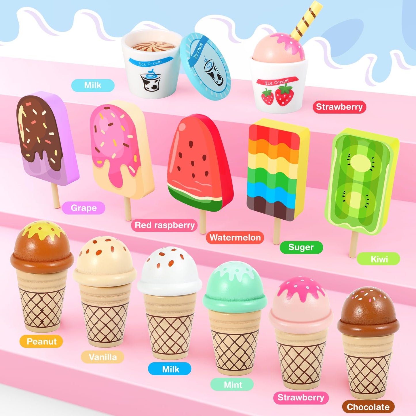 Loscola Ice Cream Toy – Wooden Pretend Play Set for Kids Aged 3-8 | Ice Cream Counter & Accessories
