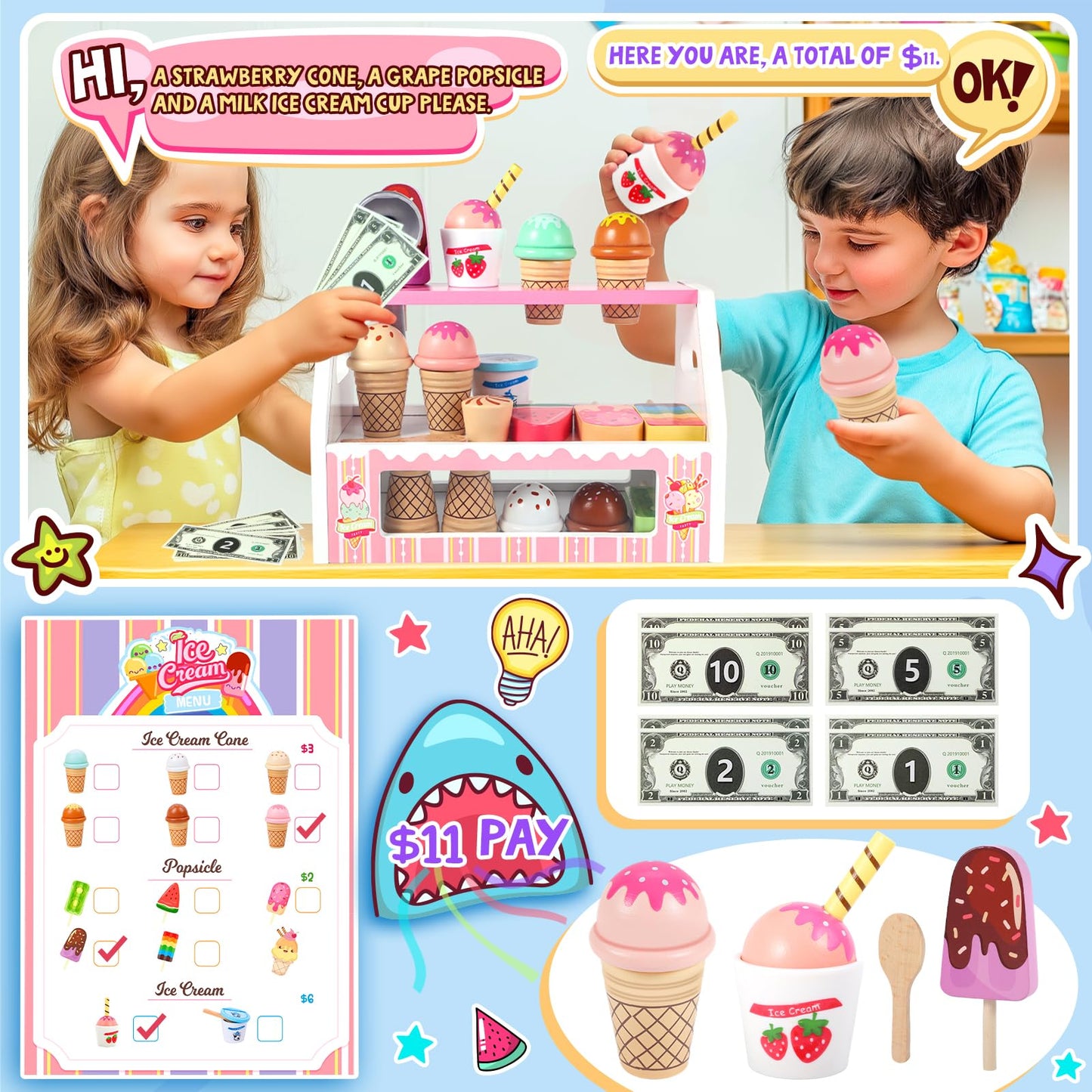 Loscola Ice Cream Toy – Wooden Pretend Play Set for Kids Aged 3-8 | Ice Cream Counter & Accessories