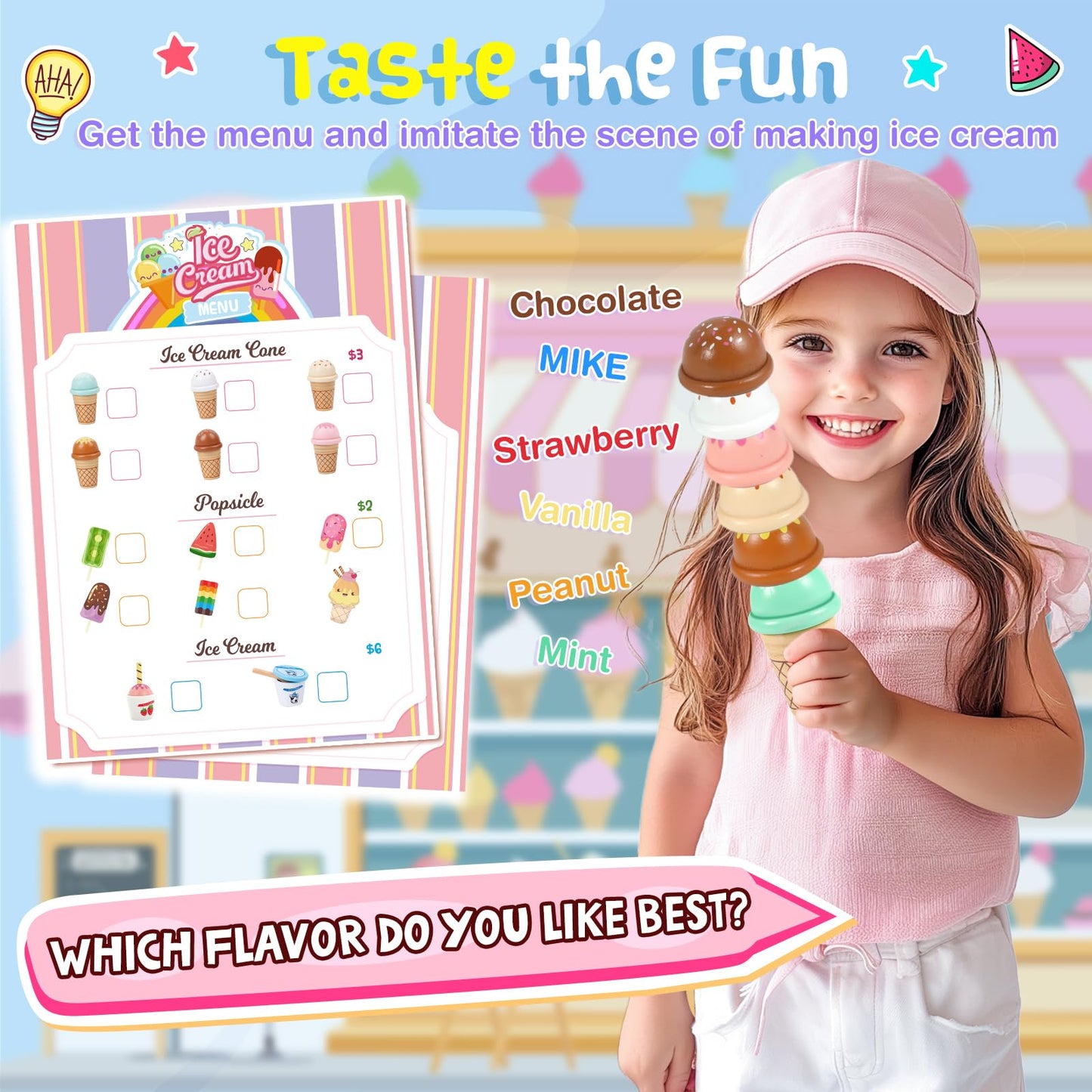 Loscola Ice Cream Toy – Wooden Pretend Play Set for Kids Aged 3-8 | Ice Cream Counter & Accessories