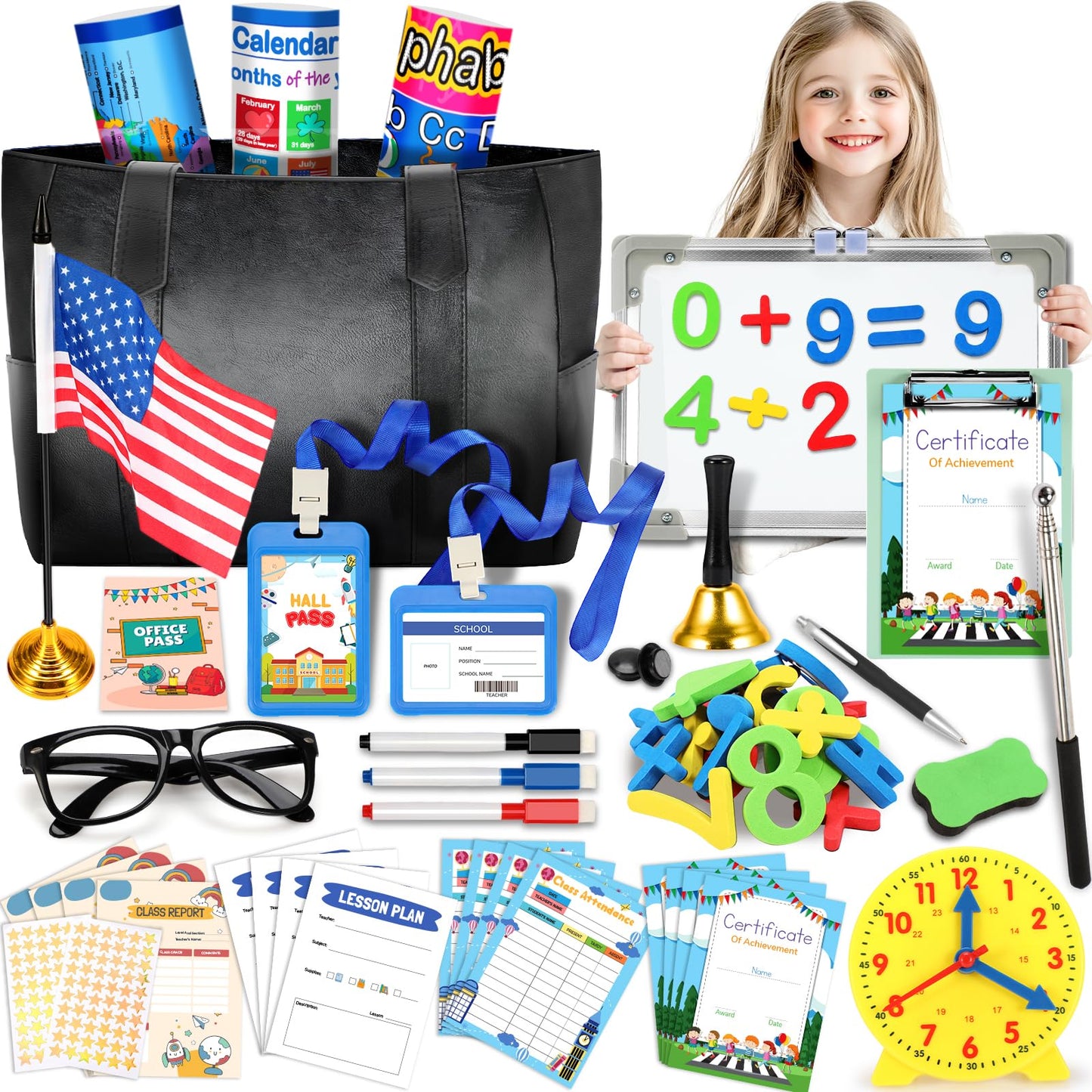 Loscola Pretend Play School Set – Teacher Kit for Kids 4-12 with Whiteboard, Posters, Magnetic Numbers