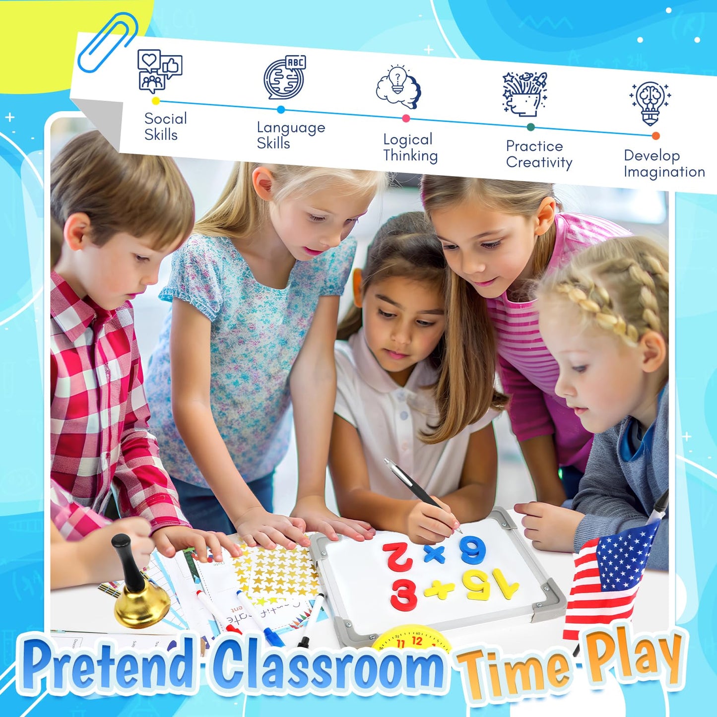 Loscola Pretend Play School Set – Teacher Kit for Kids 4-12 with Whiteboard, Posters, Magnetic Numbers