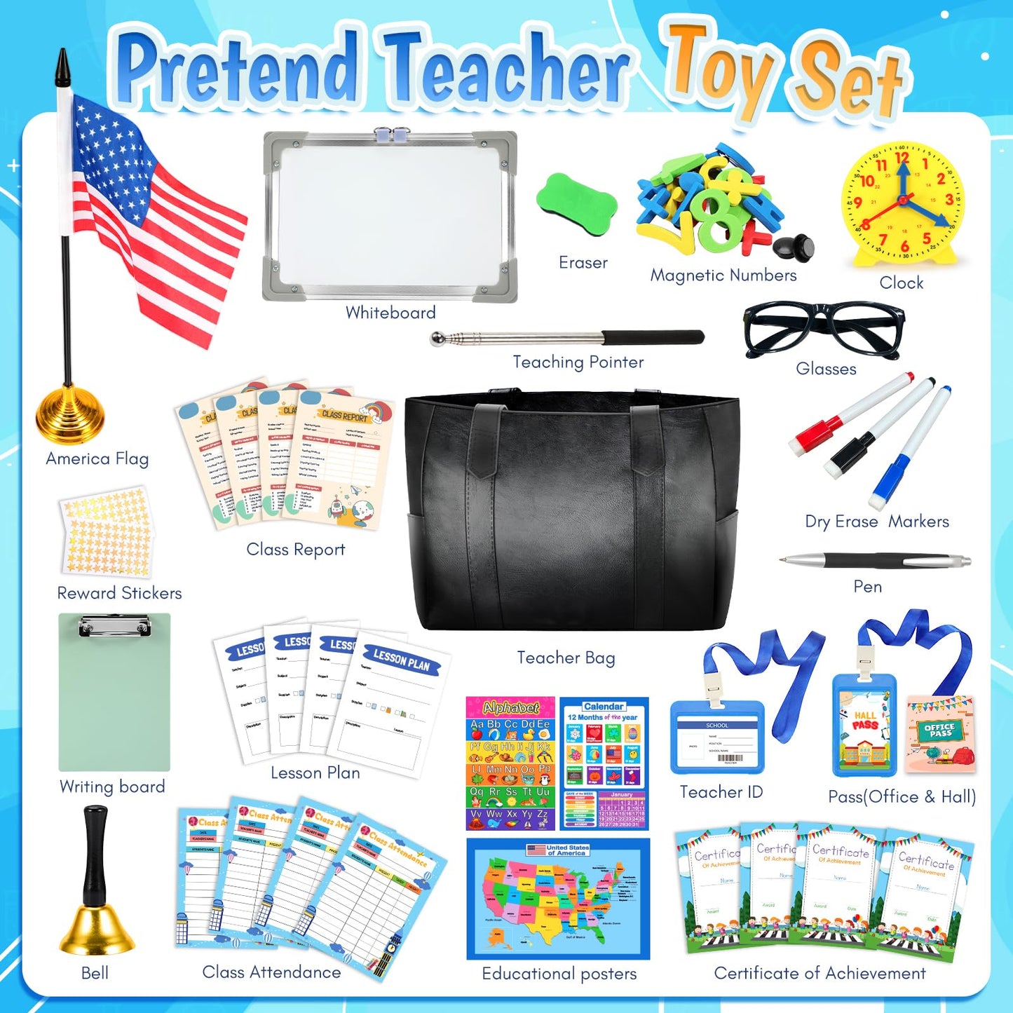 Loscola Pretend Play School Set – Teacher Kit for Kids 4-12 with Whiteboard, Posters, Magnetic Numbers