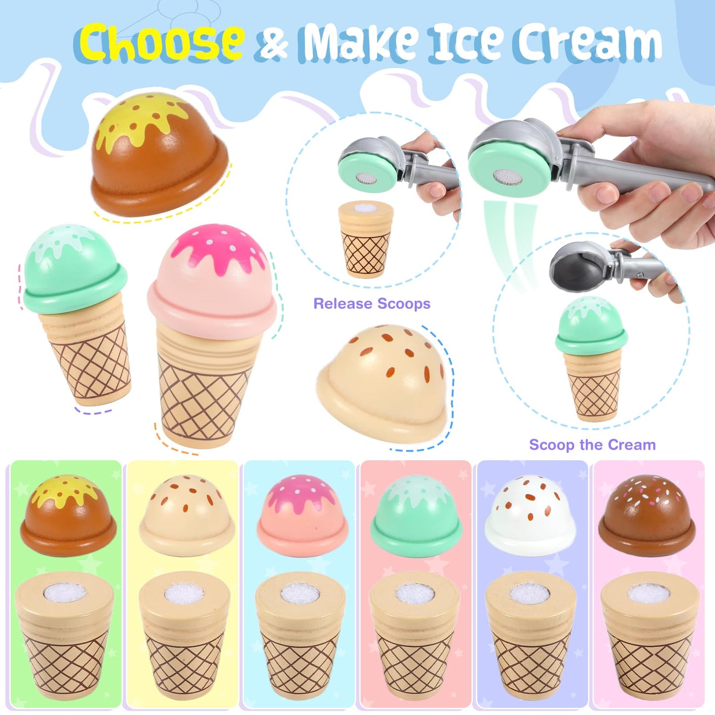 Loscola Ice Cream Toy – Wooden Pretend Play Set for Kids Aged 3-8 | Ice Cream Counter & Accessories