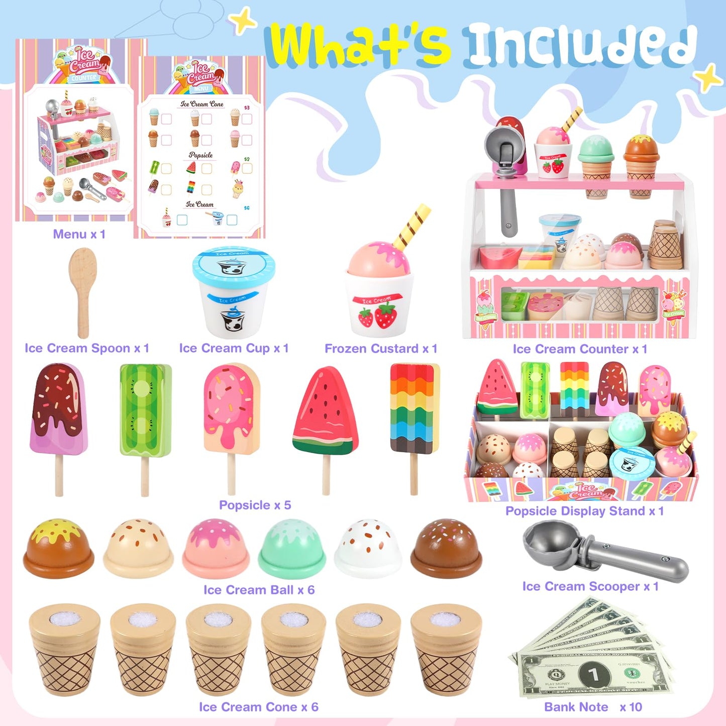 Loscola Ice Cream Toy – Wooden Pretend Play Set for Kids Aged 3-8 | Ice Cream Counter & Accessories