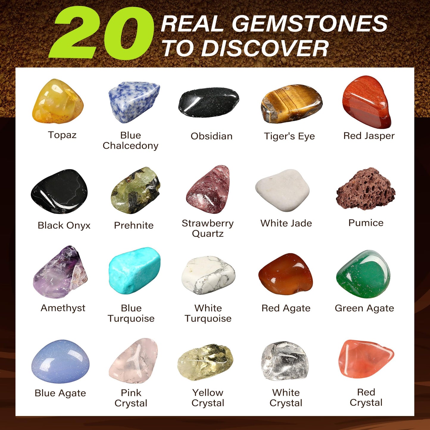 LotFancy Gemstone Dig Kit: Excavate 20 Real Gems with Tools for Kids