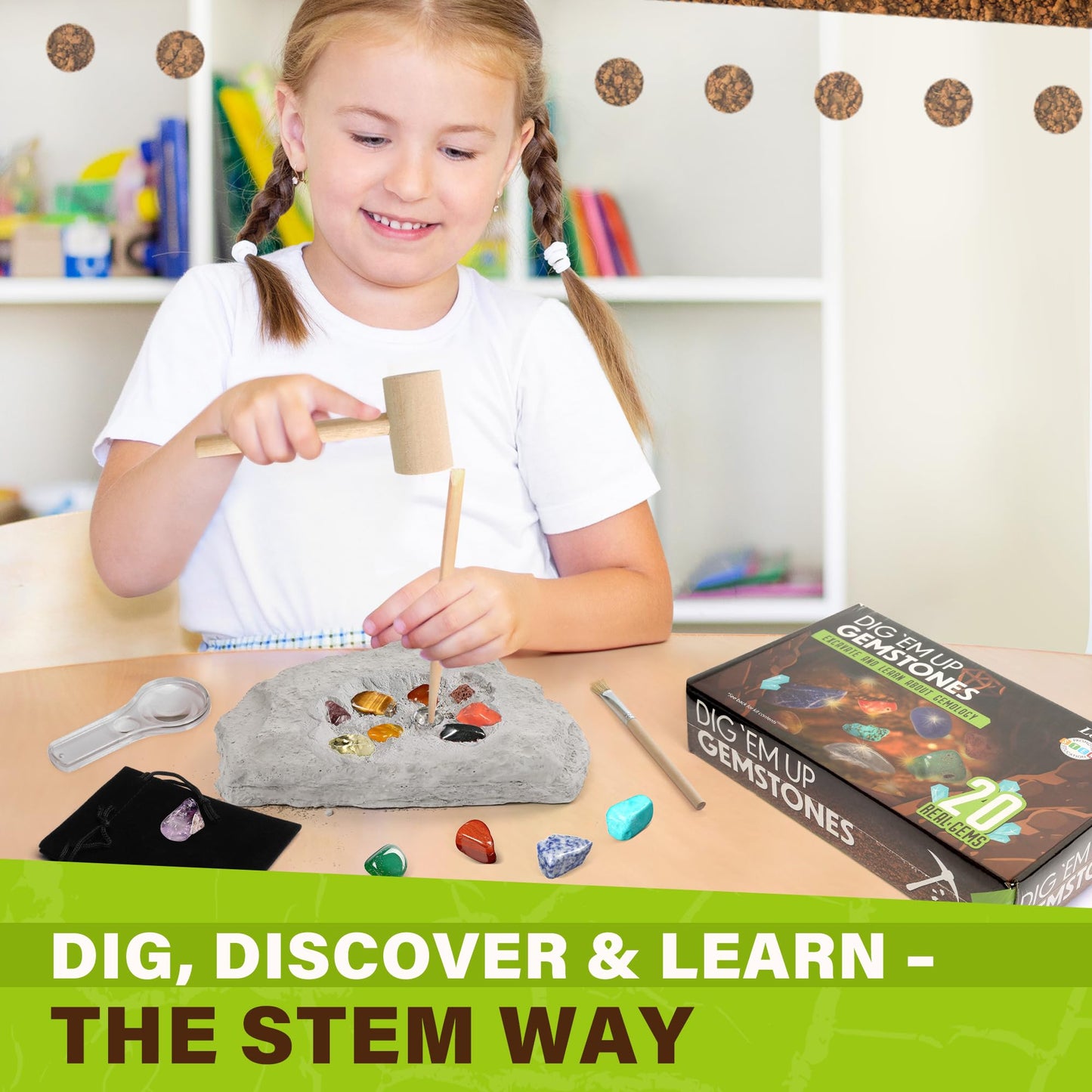 LotFancy Gemstone Dig Kit: Excavate 20 Real Gems with Tools for Kids