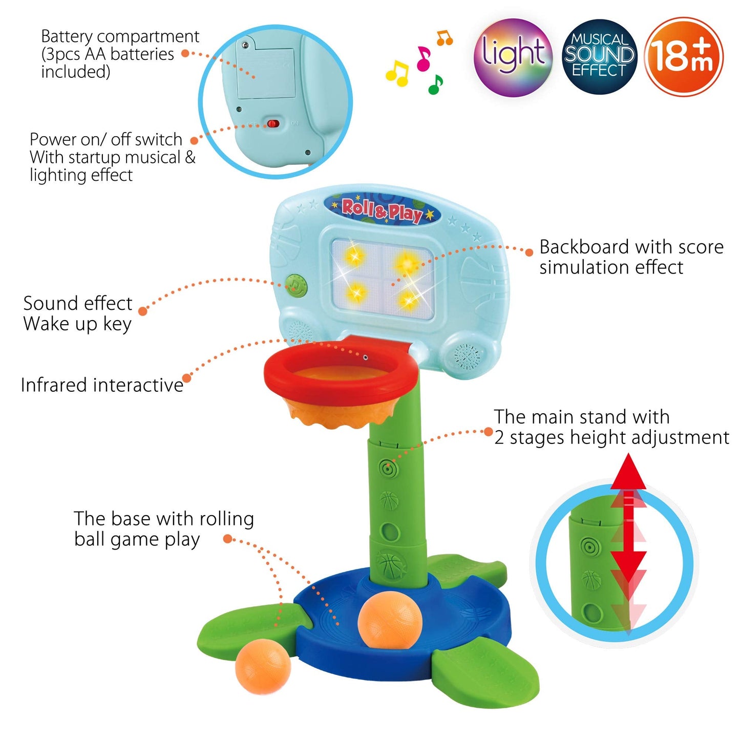 LotFancy Toddler Basketball Hoop – 2-in-1 Light & Music Indoor Toy for 18-36 Months