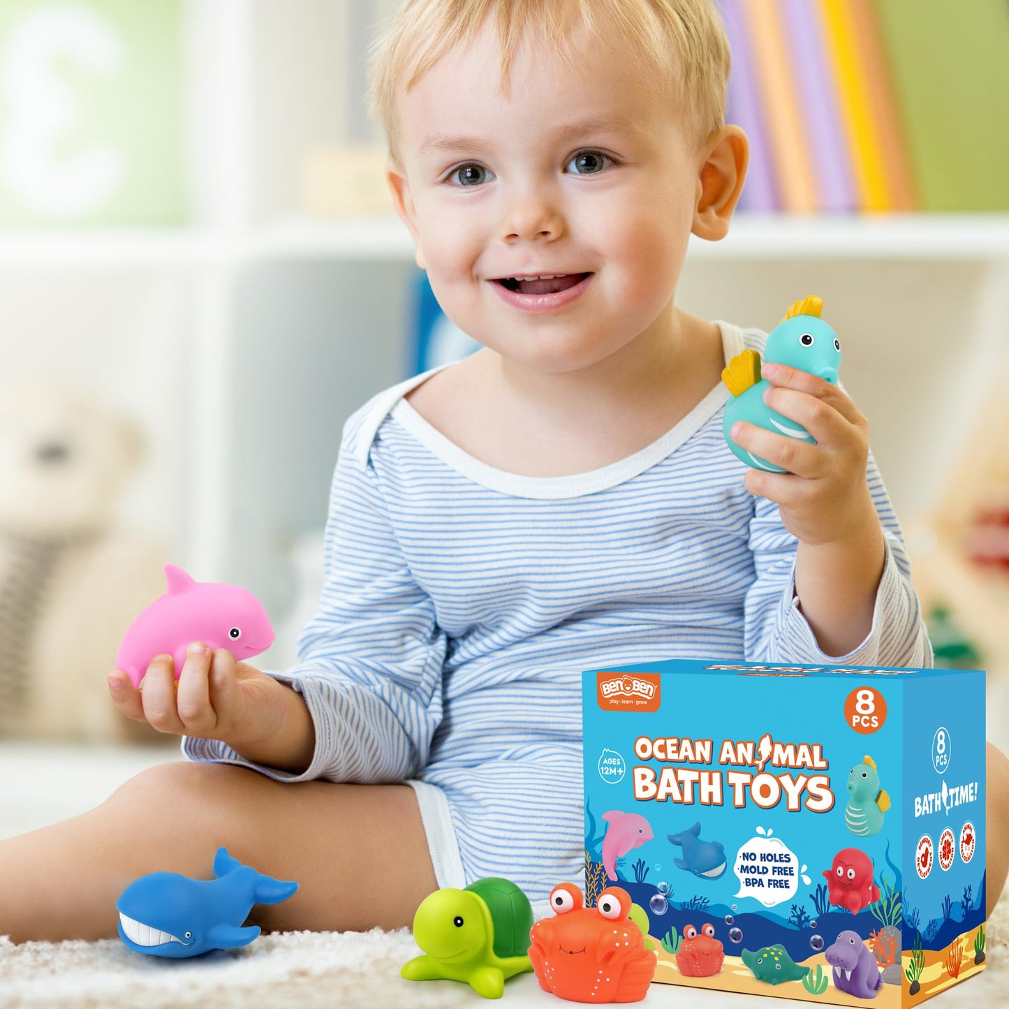 LotFancy 8-Piece Mold-Free Ocean Bath Toys for Toddlers | Safe No-Holes Bath Set