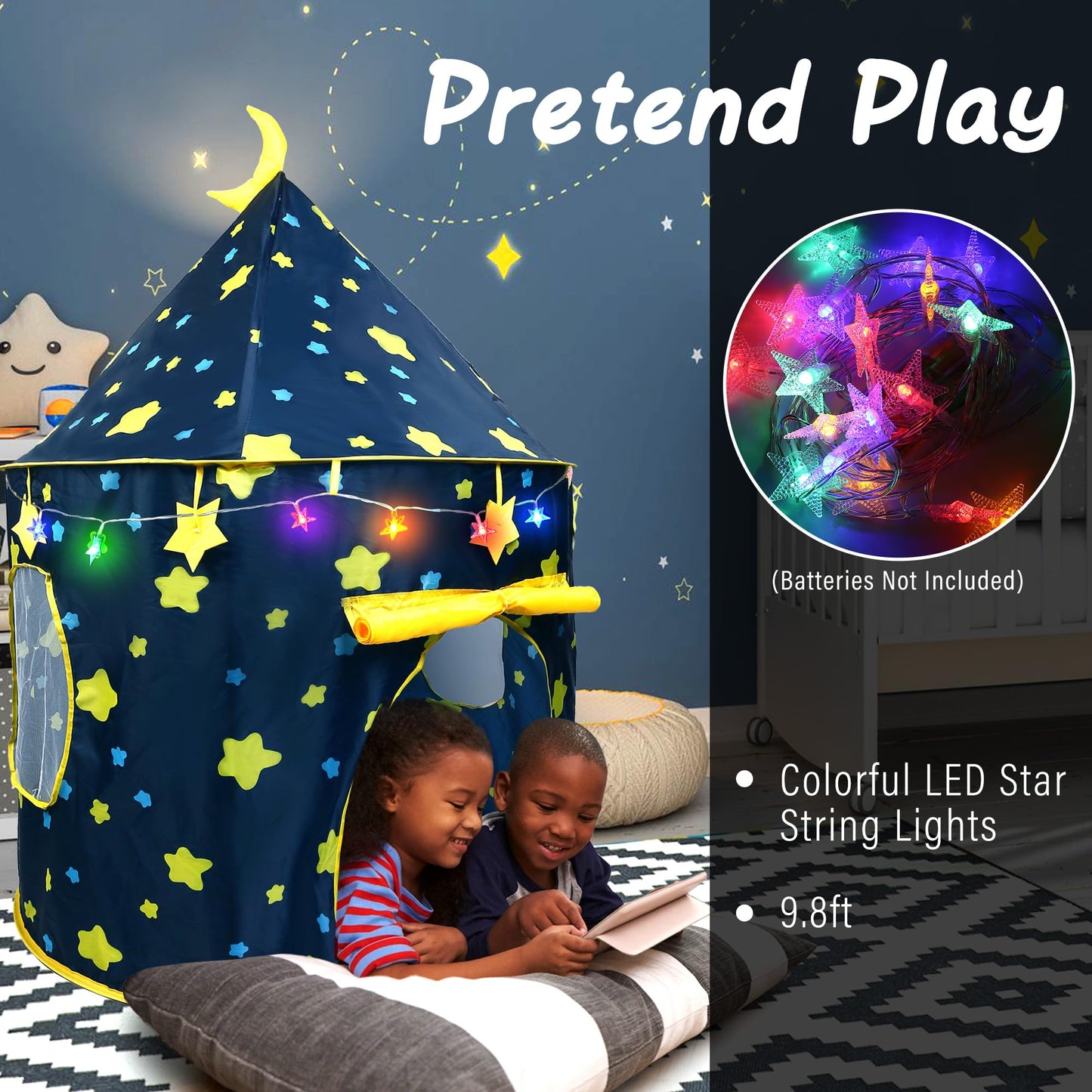 LotFancy Play Tent for Kids with Star Lights — Foldable Pop-Up Indoor/Outdoor Tent