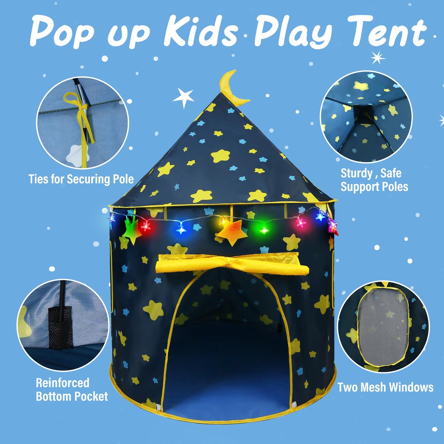 LotFancy Play Tent for Kids with Star Lights — Foldable Pop-Up Indoor/Outdoor Tent