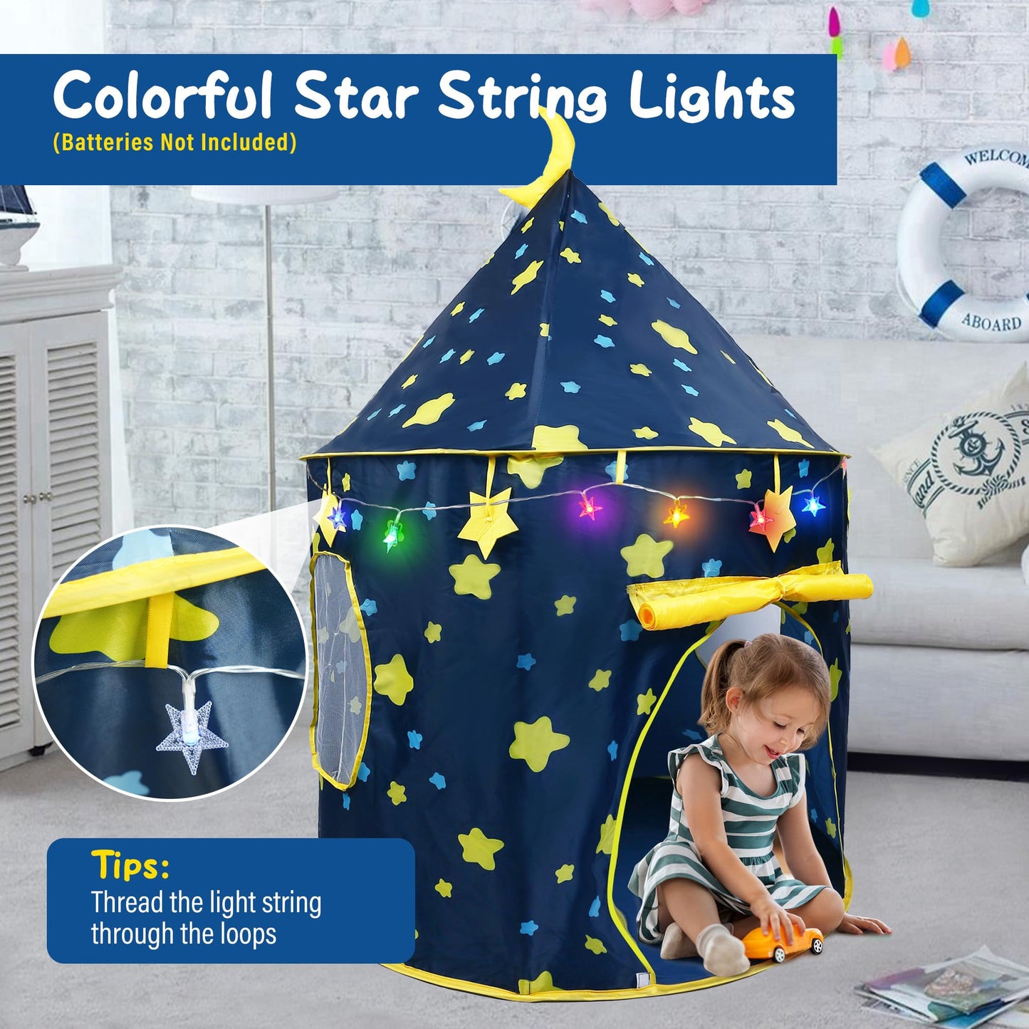 LotFancy Play Tent for Kids with Star Lights — Foldable Pop-Up Indoor/Outdoor Tent