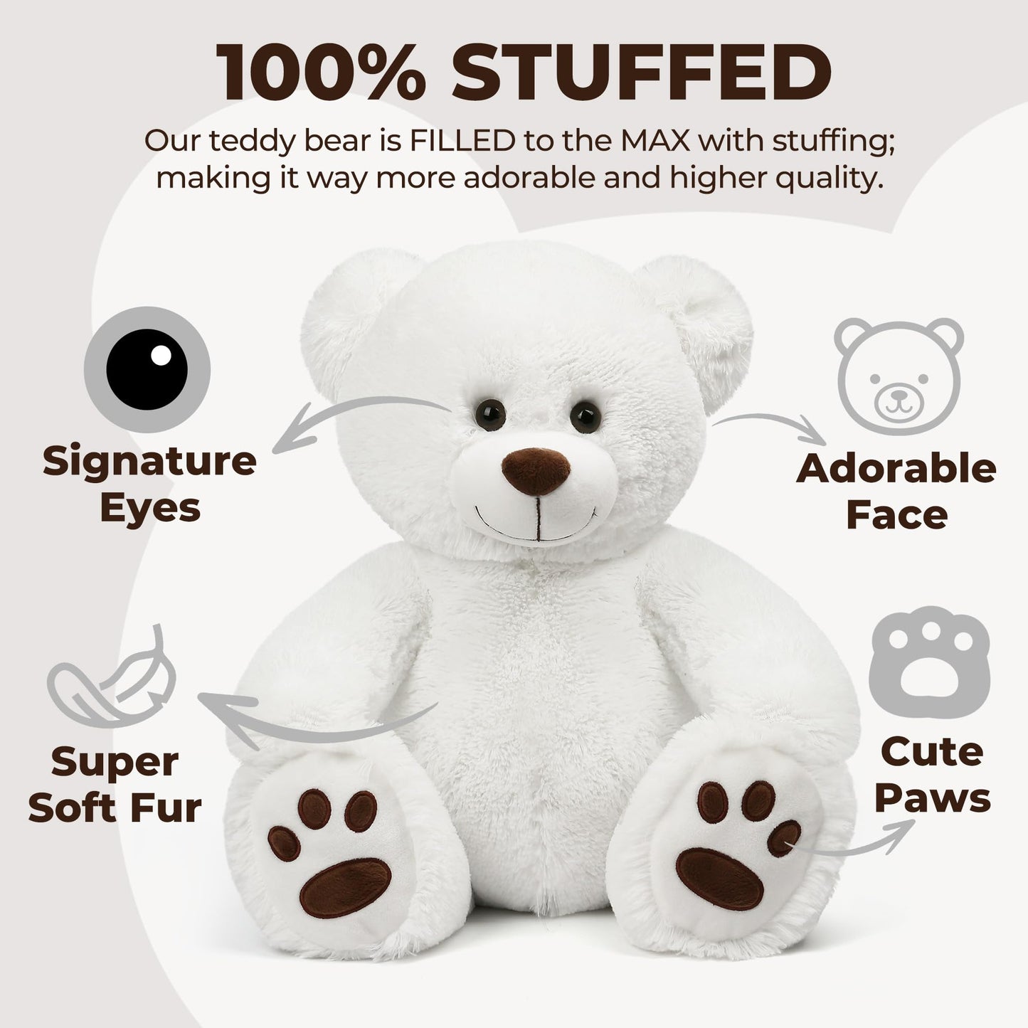 LotFancy Teddy Bear Plush Toy, 20-Inch White Bear with Big Footprints | Gift for Girls & Loved Ones