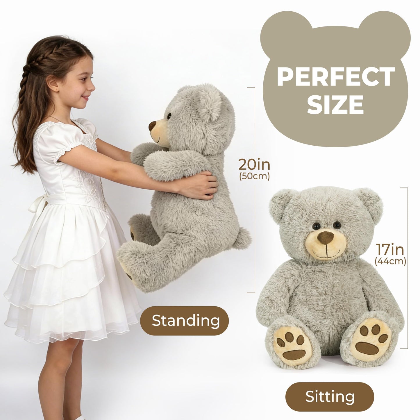 LotFancy Teddy Bear 20-Inch Gray Plush — Gift for Kids