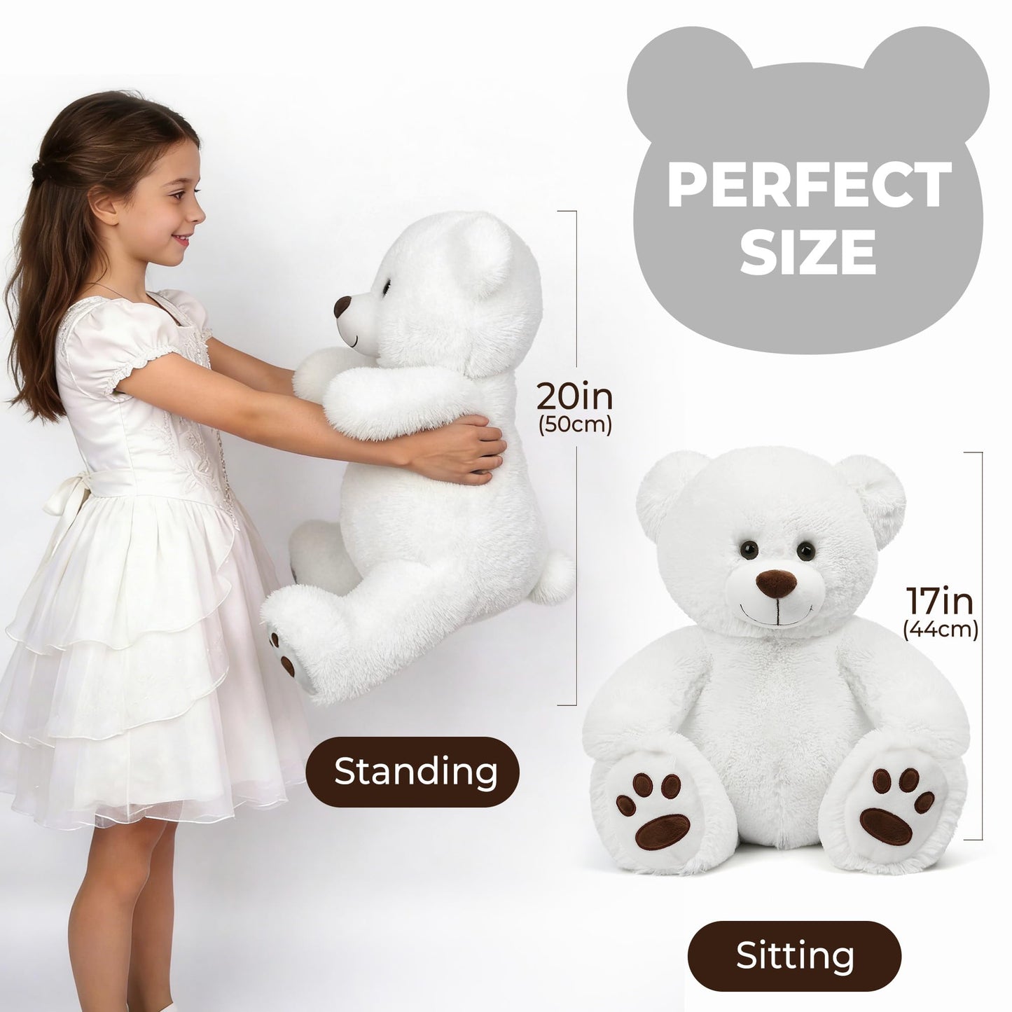 LotFancy Teddy Bear Plush Toy, 20-Inch White Bear with Big Footprints | Gift for Girls & Loved Ones