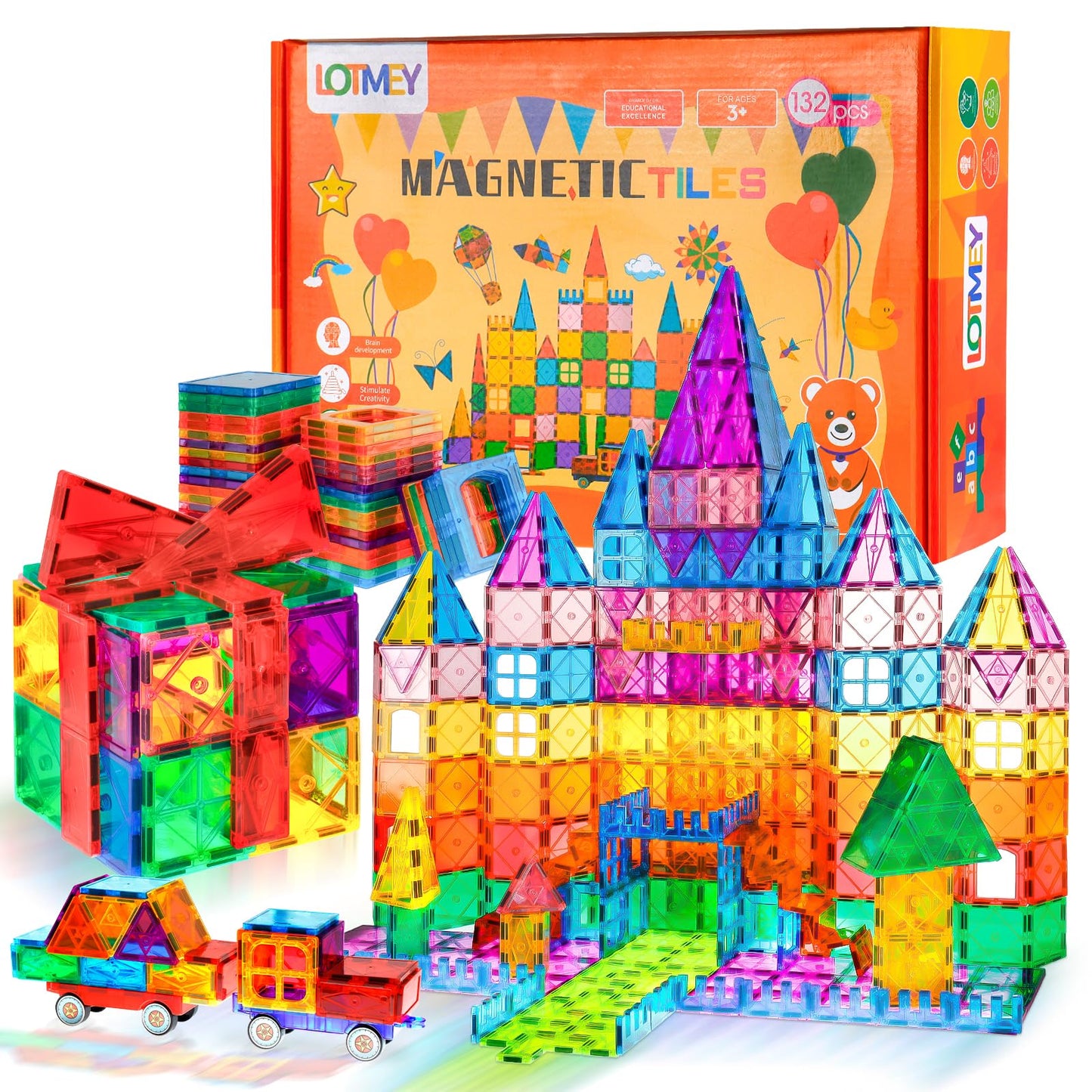 Lotmey 132PCS Magnetic Tiles Deluxe Set – 2 Cars, STEM Building Blocks for Kids 3-12
