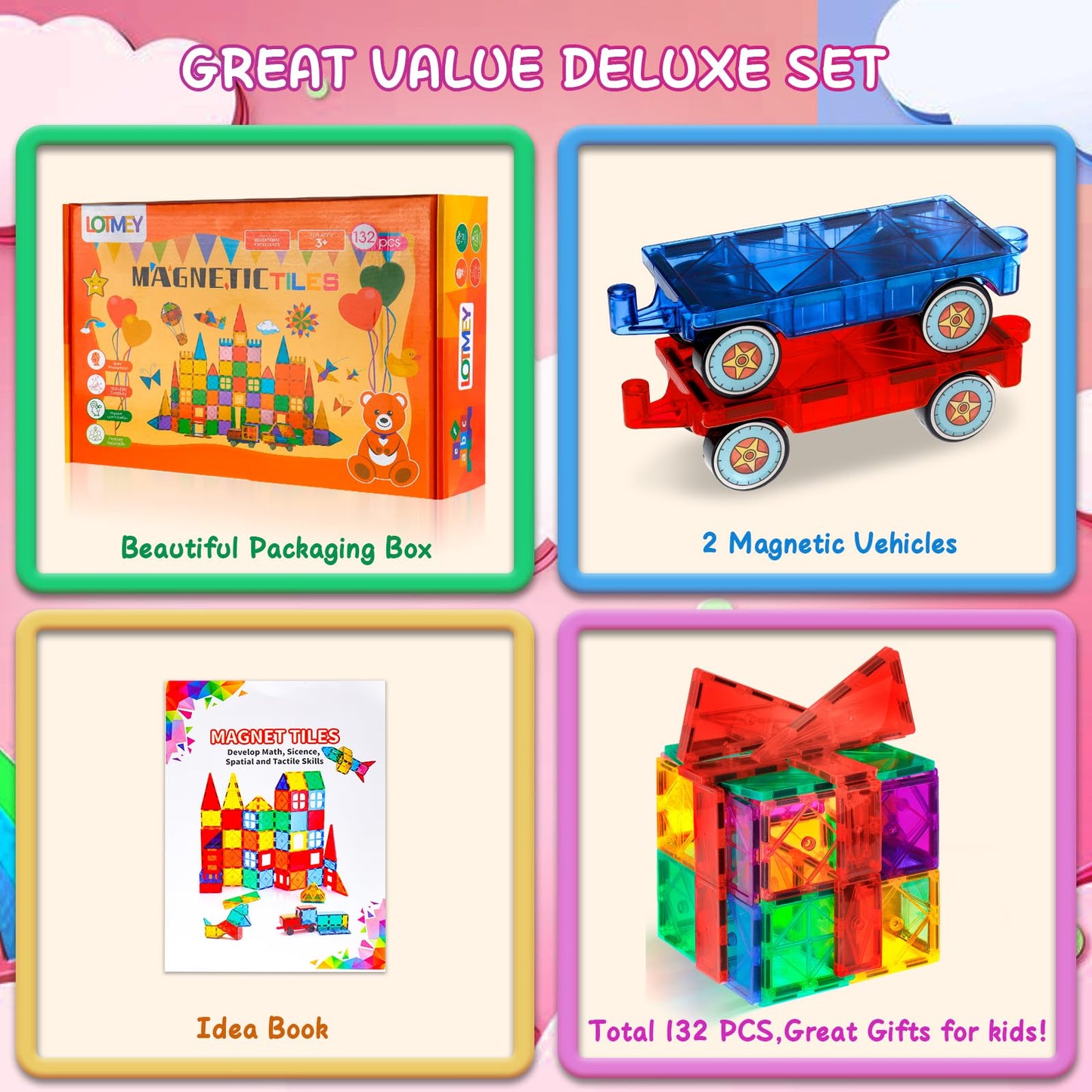 Lotmey 132PCS Magnetic Tiles Deluxe Set – 2 Cars, STEM Building Blocks for Kids 3-12