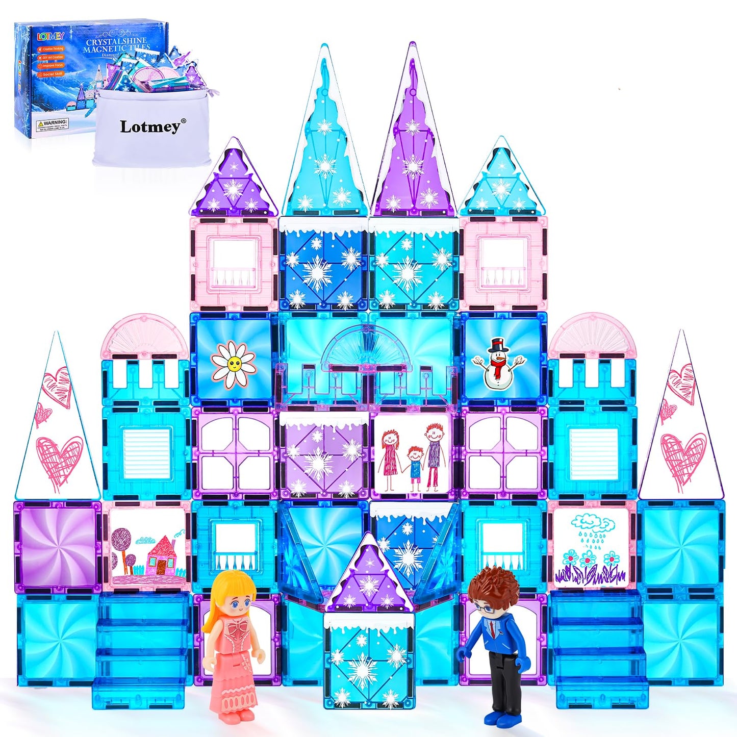 Lotmey Diamond Magnetic Tiles Set 145PCS with Magnetic Doodle Kit – STEM Castle Toys for Girls 3–12